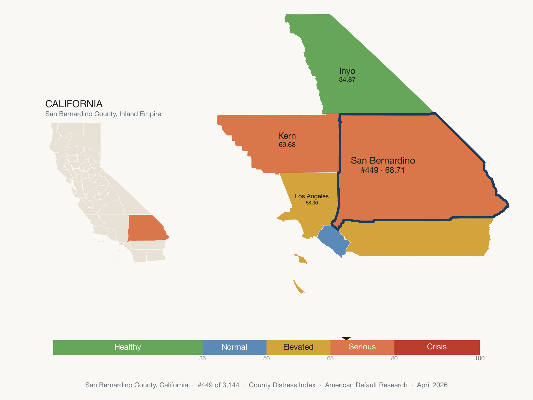County Distress Index cluster map. San Bernardino County, California and its neighbors colored by distress fifth.