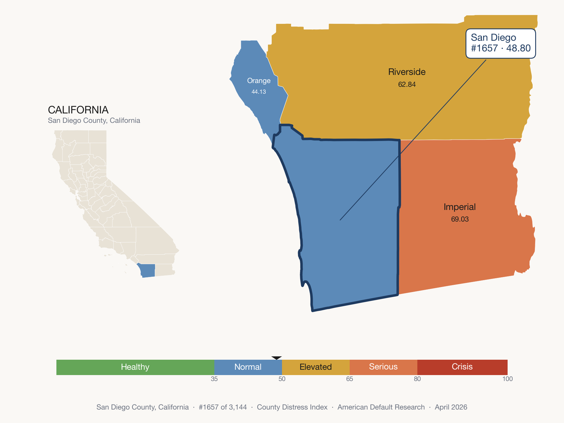 County Distress Index cluster map. San Diego County, California and its neighbors colored by distress fifth.