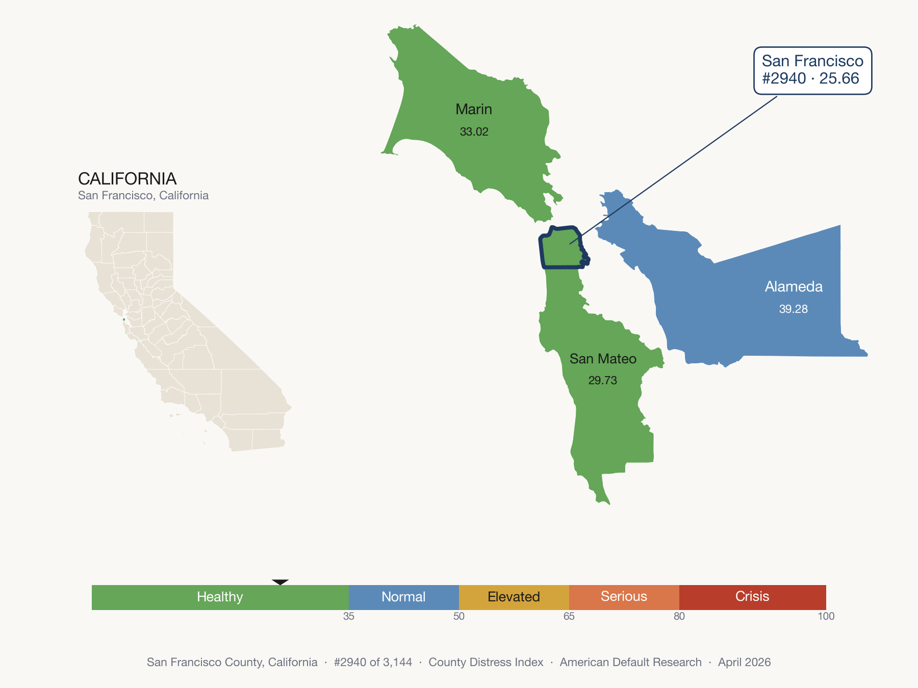 County Distress Index cluster map. San Francisco County, California and its neighbors colored by distress fifth.