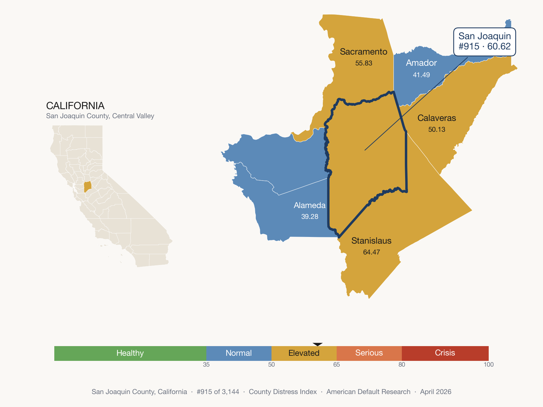 County Distress Index cluster map. San Joaquin County, California and its neighbors colored by distress fifth.