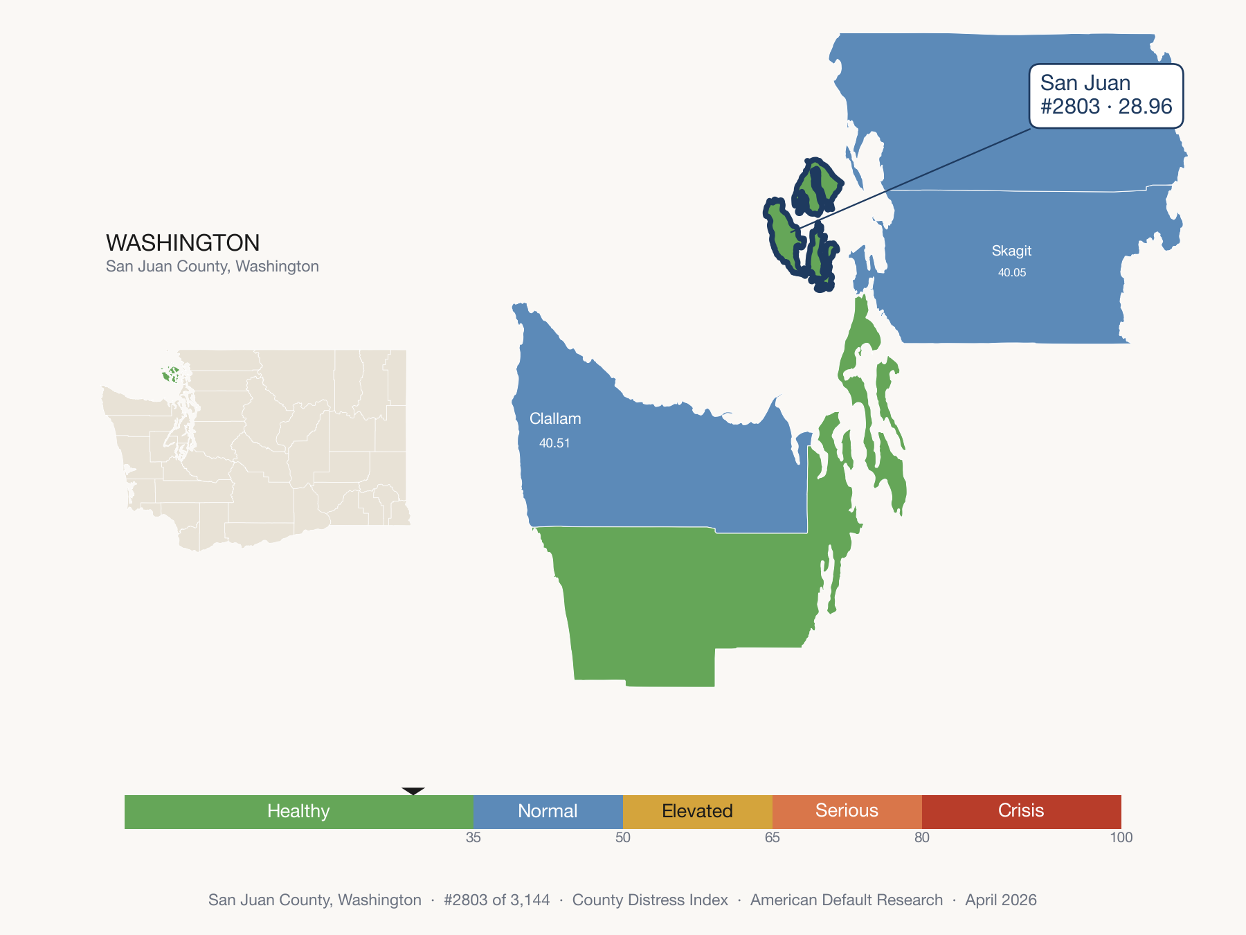County Distress Index cluster map. San Juan County, Washington and its neighbors colored by distress fifth.