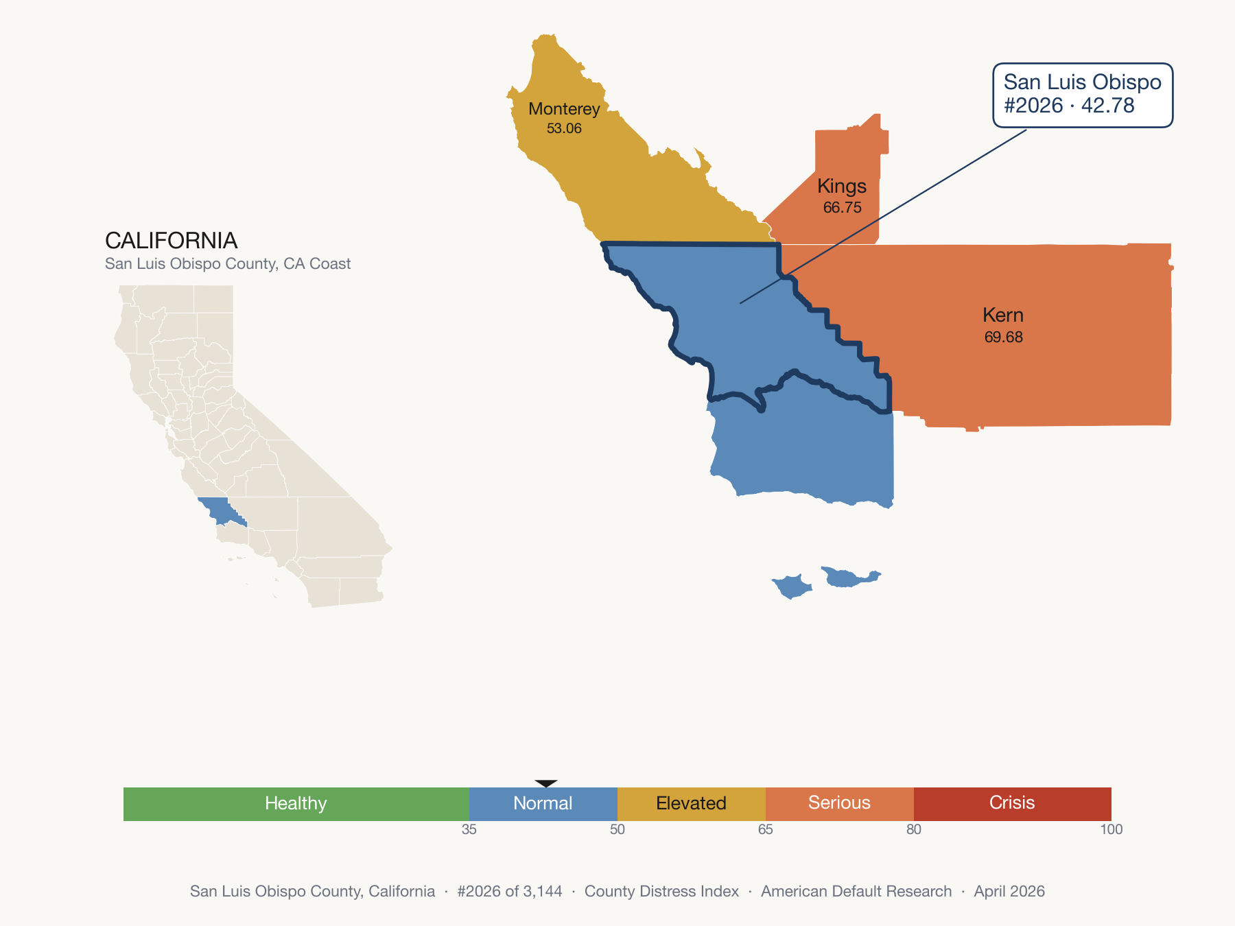 County Distress Index cluster map. San Luis Obispo County, California and its neighbors colored by distress fifth.