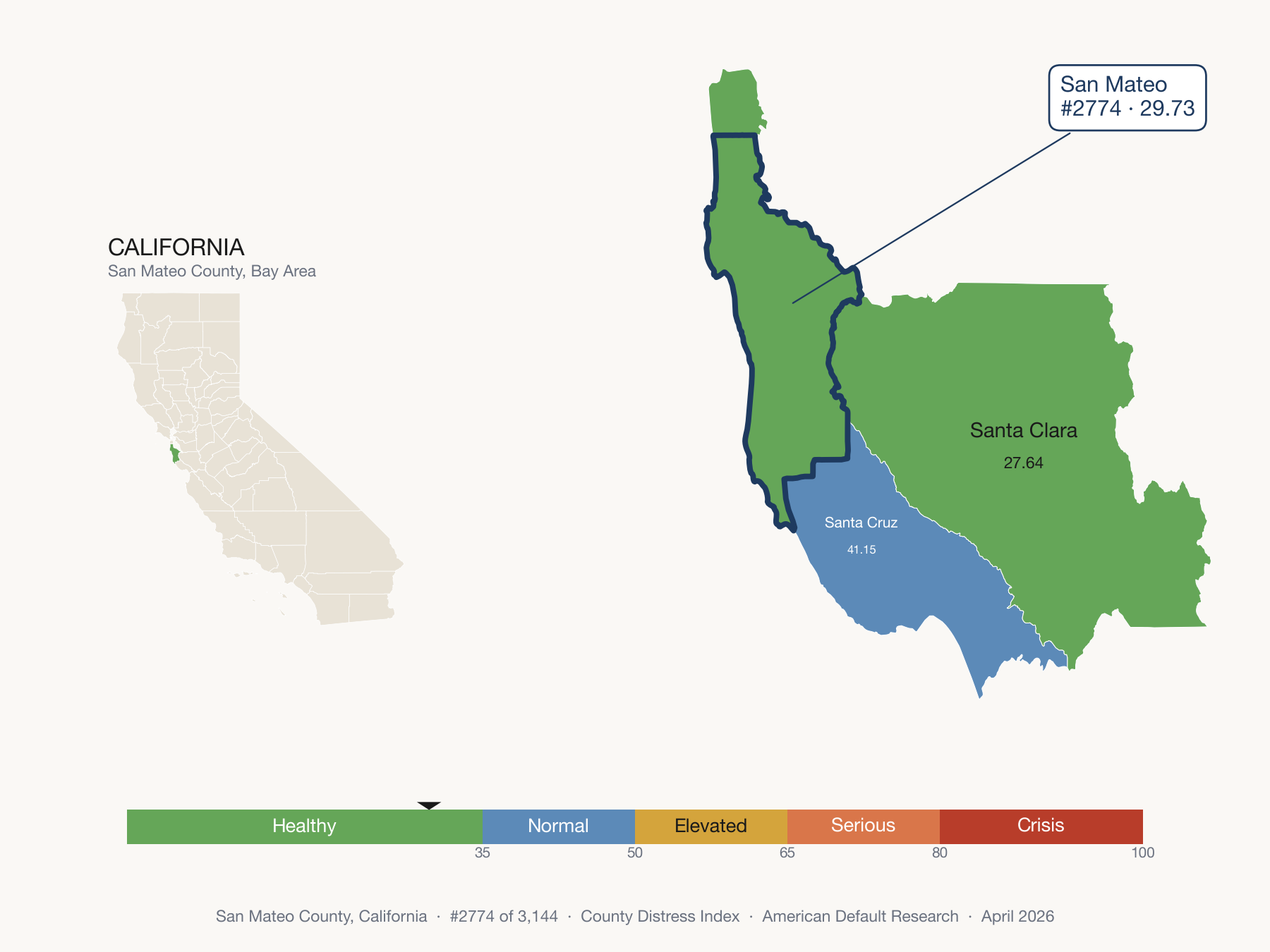 County Distress Index cluster map. San Mateo County, California and its neighbors colored by distress fifth.