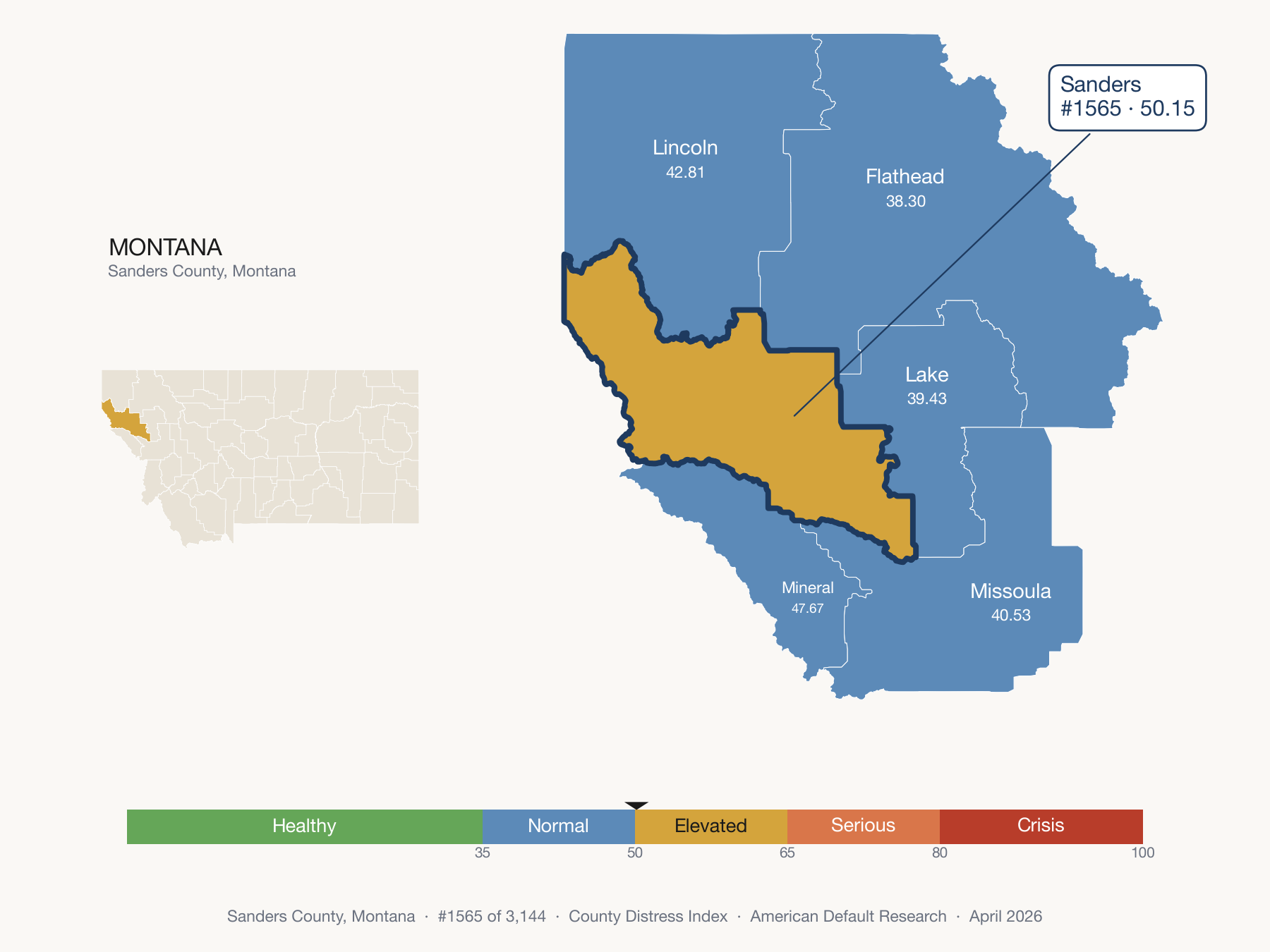 County Distress Index cluster map. Sanders County, Montana and its neighbors colored by distress fifth.