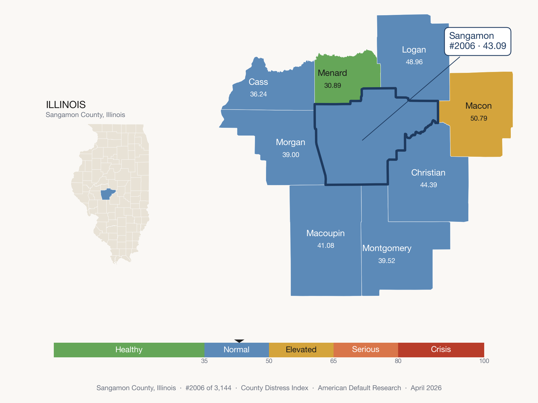 County Distress Index cluster map. Sangamon County, Illinois and its neighbors colored by distress fifth.