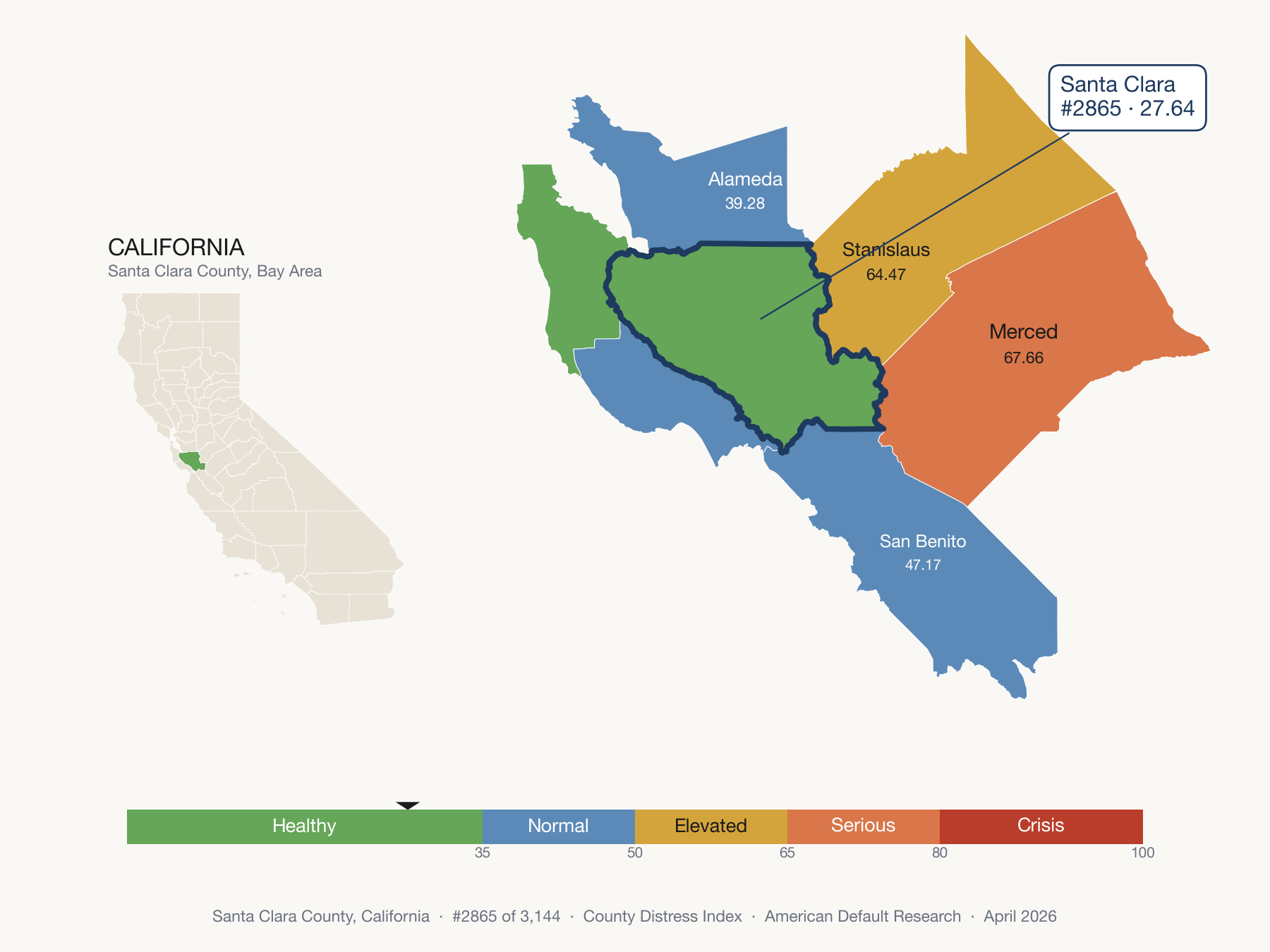 County Distress Index cluster map. Santa Clara County, California and its neighbors colored by distress fifth.
