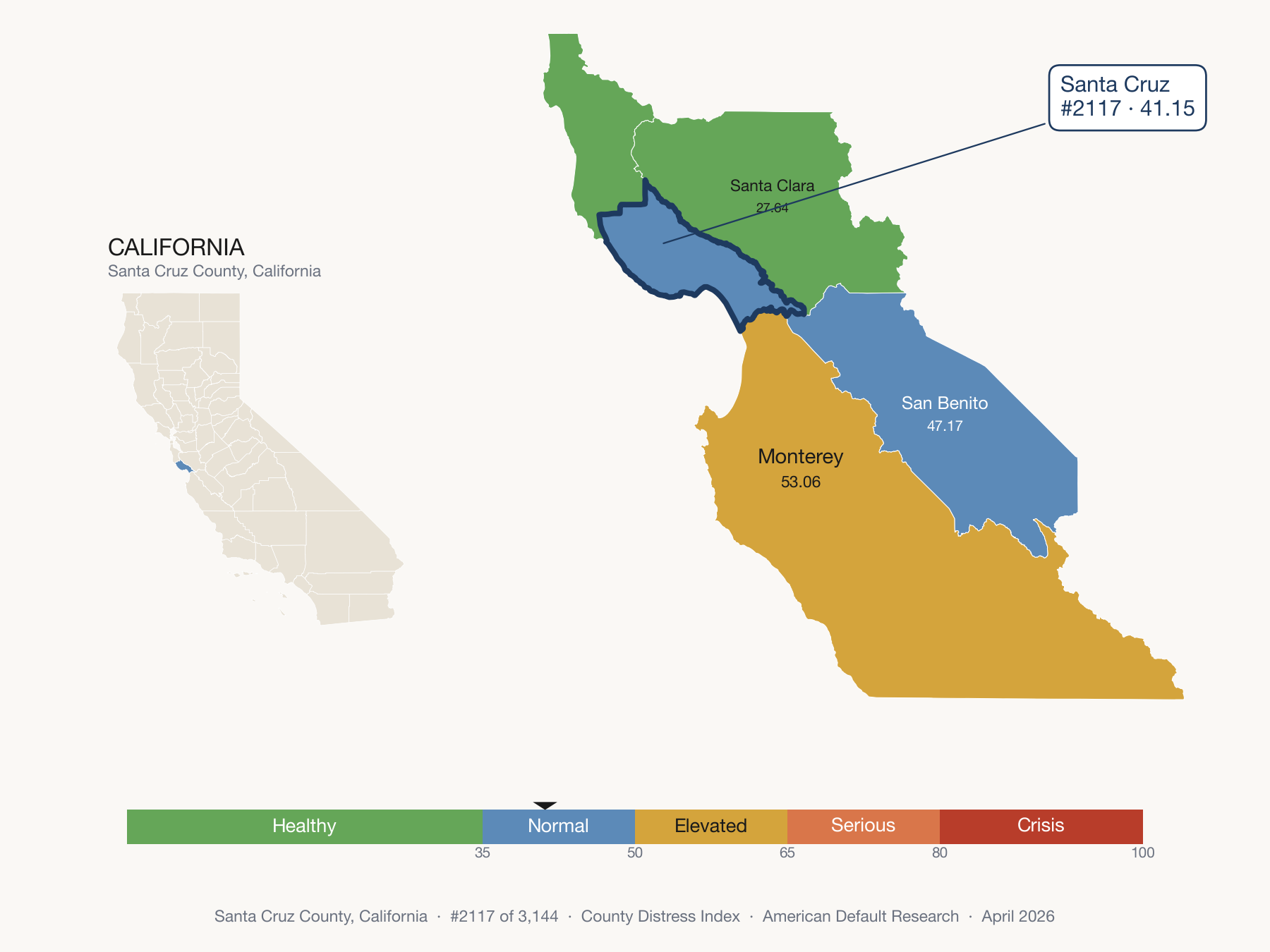 County Distress Index cluster map. Santa Cruz County, California and its neighbors colored by distress fifth.