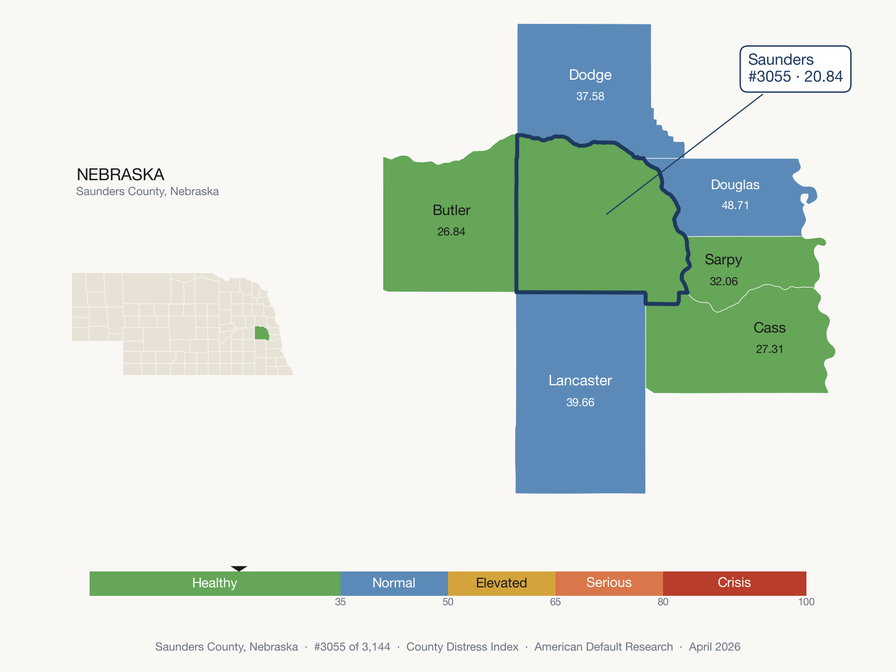 County Distress Index cluster map. Saunders County, Nebraska and its neighbors colored by distress fifth.