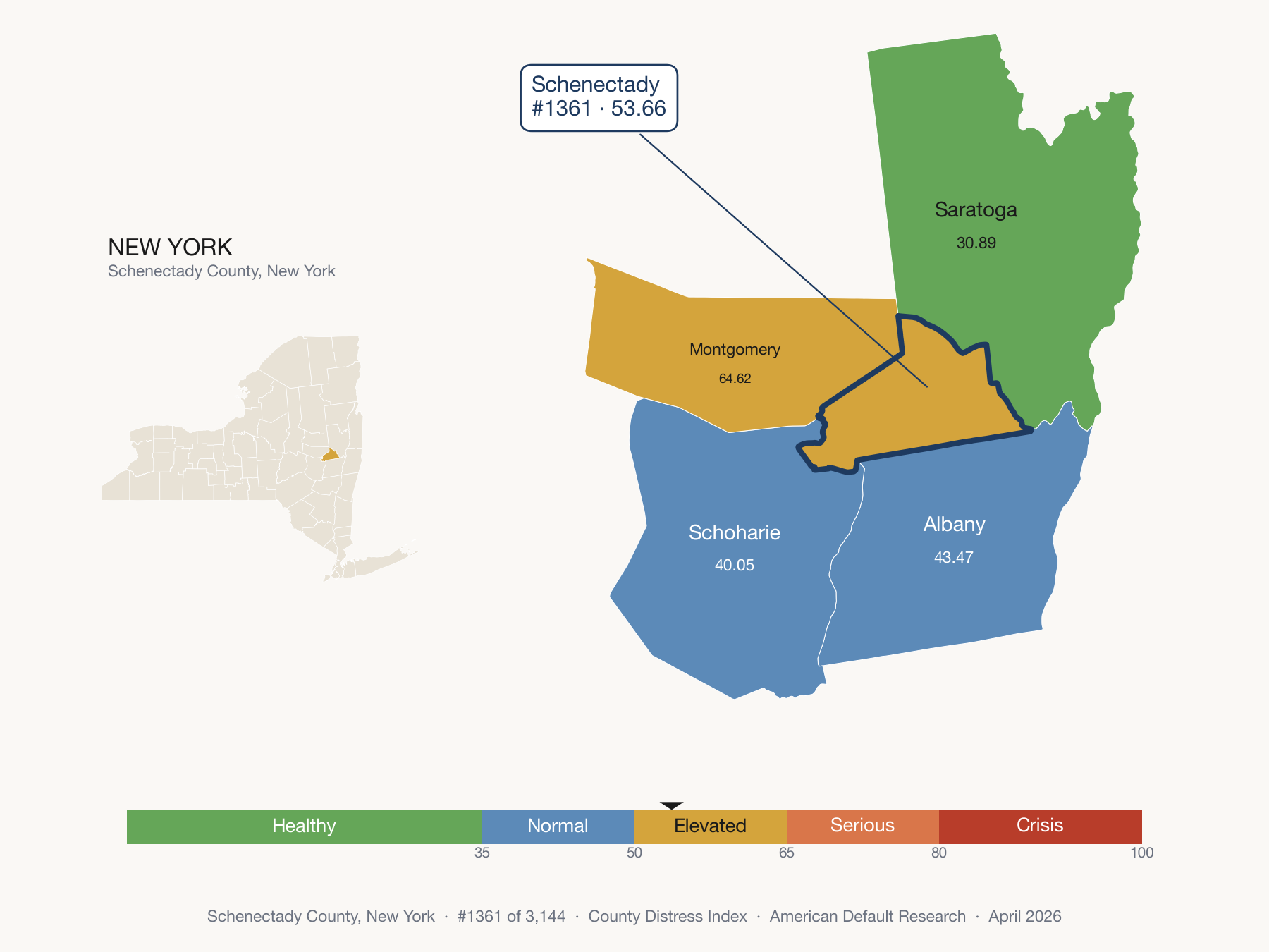 County Distress Index cluster map. Schenectady County, New York and its neighbors colored by distress fifth.