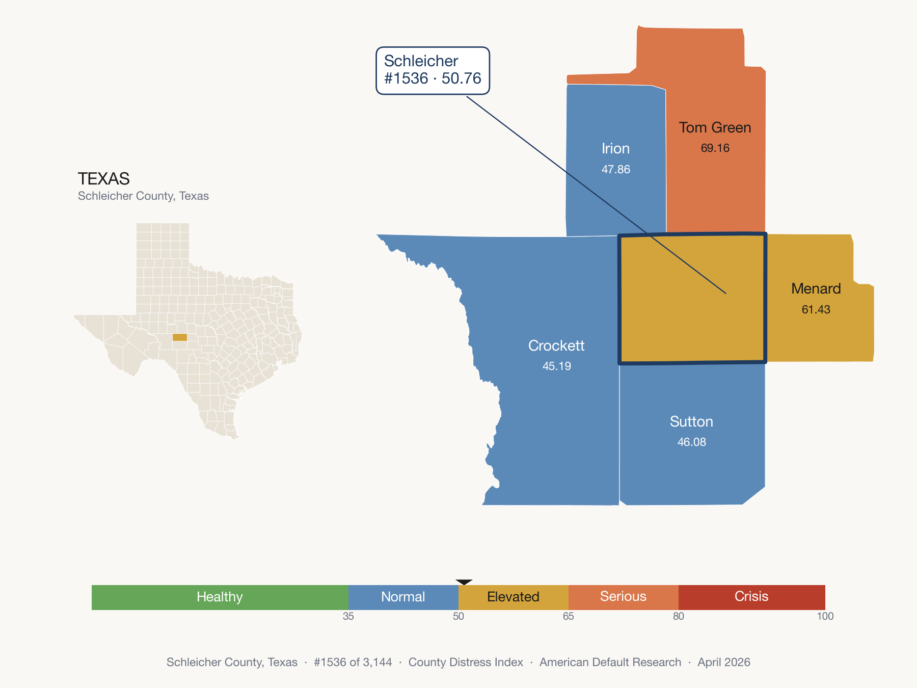County Distress Index cluster map. Schleicher County, Texas and its neighbors colored by distress fifth.