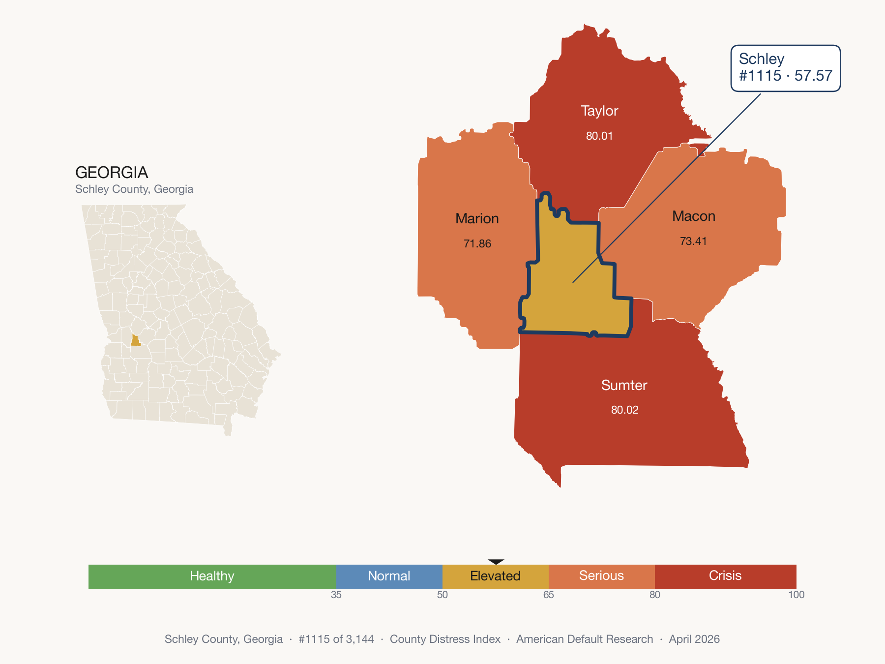 County Distress Index cluster map. Schley County, Georgia and its neighbors colored by distress fifth.