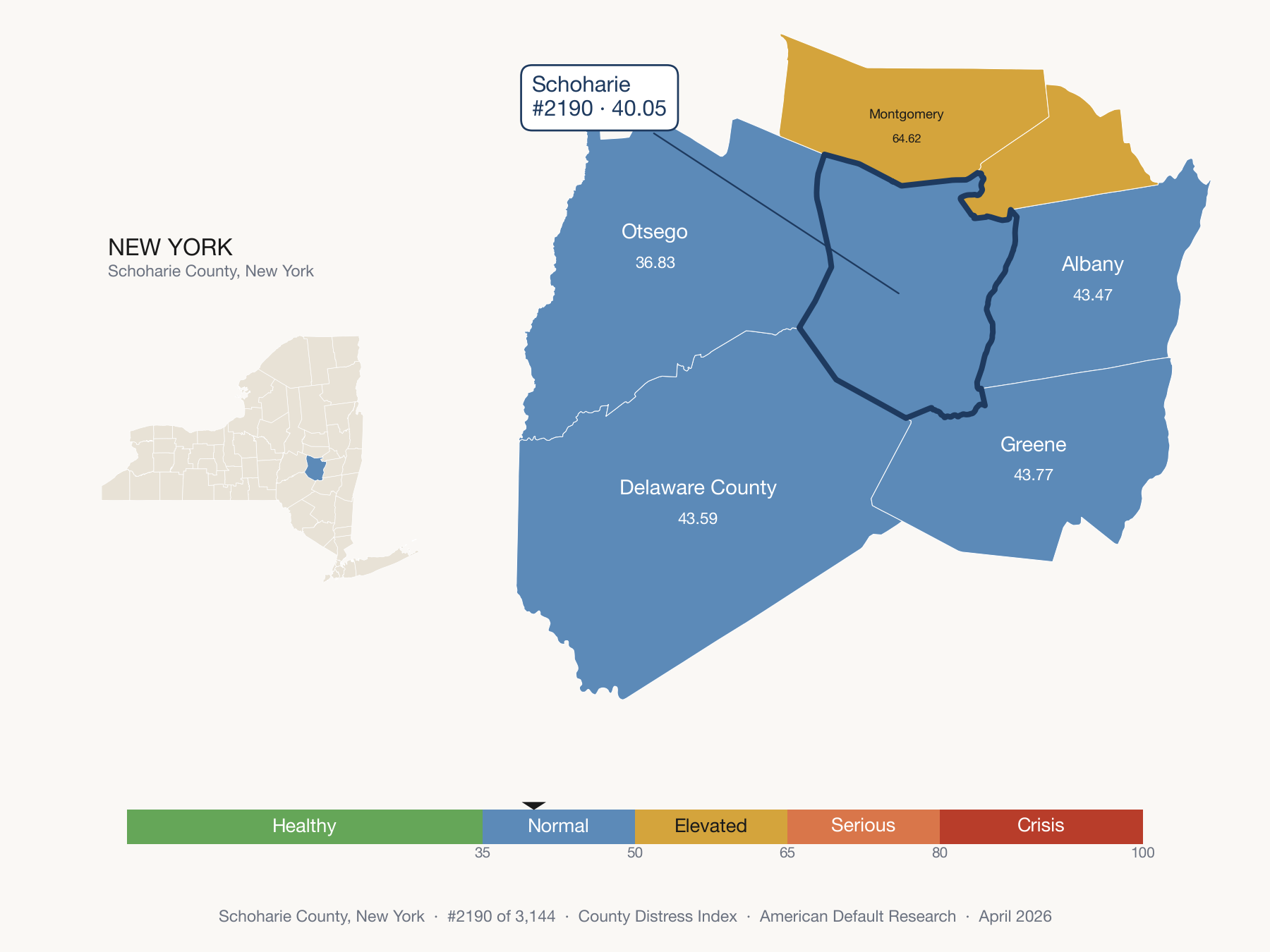 County Distress Index cluster map. Schoharie County, New York and its neighbors colored by distress fifth.