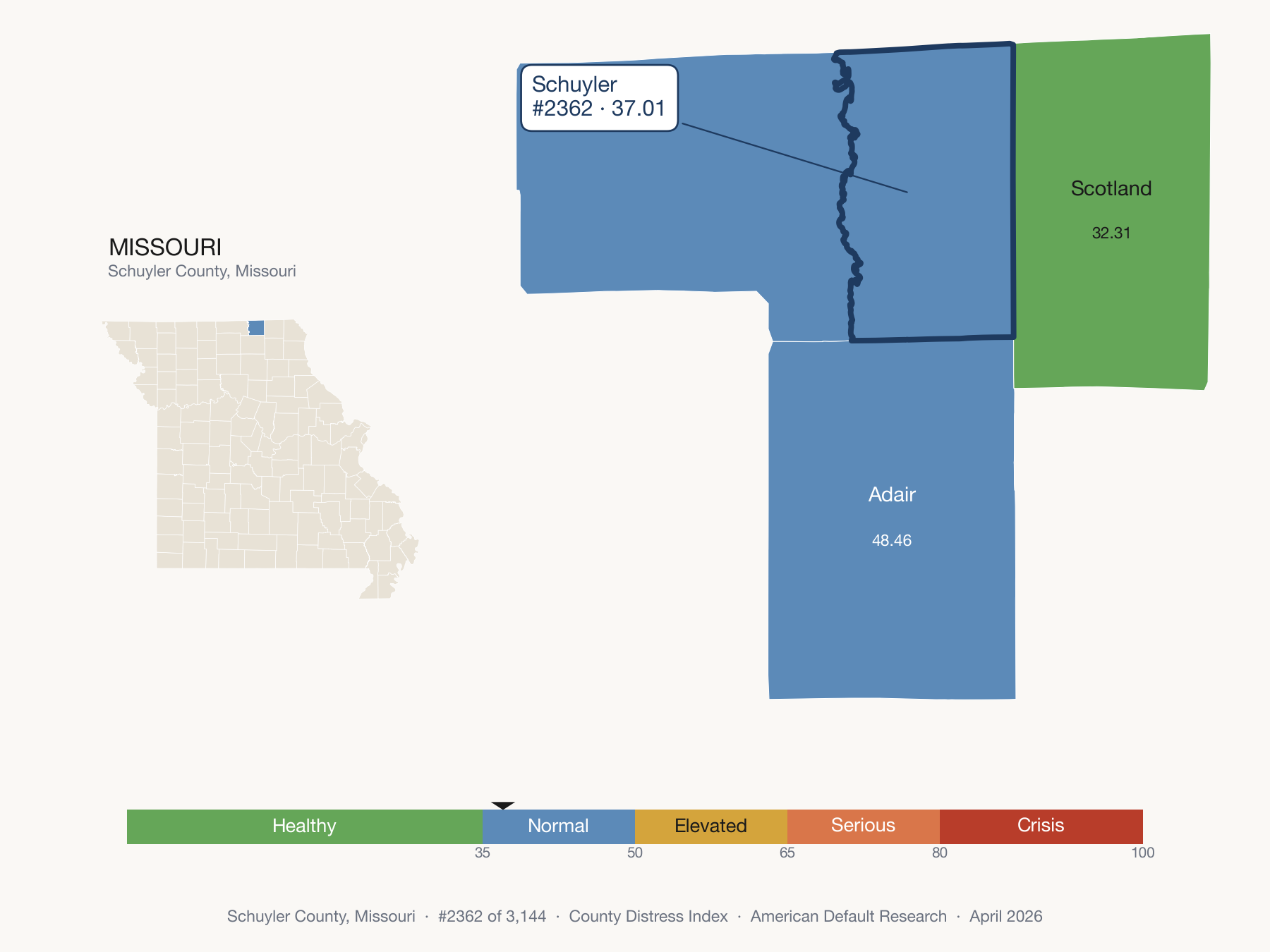 County Distress Index cluster map. Schuyler County, Missouri and its neighbors colored by distress fifth.