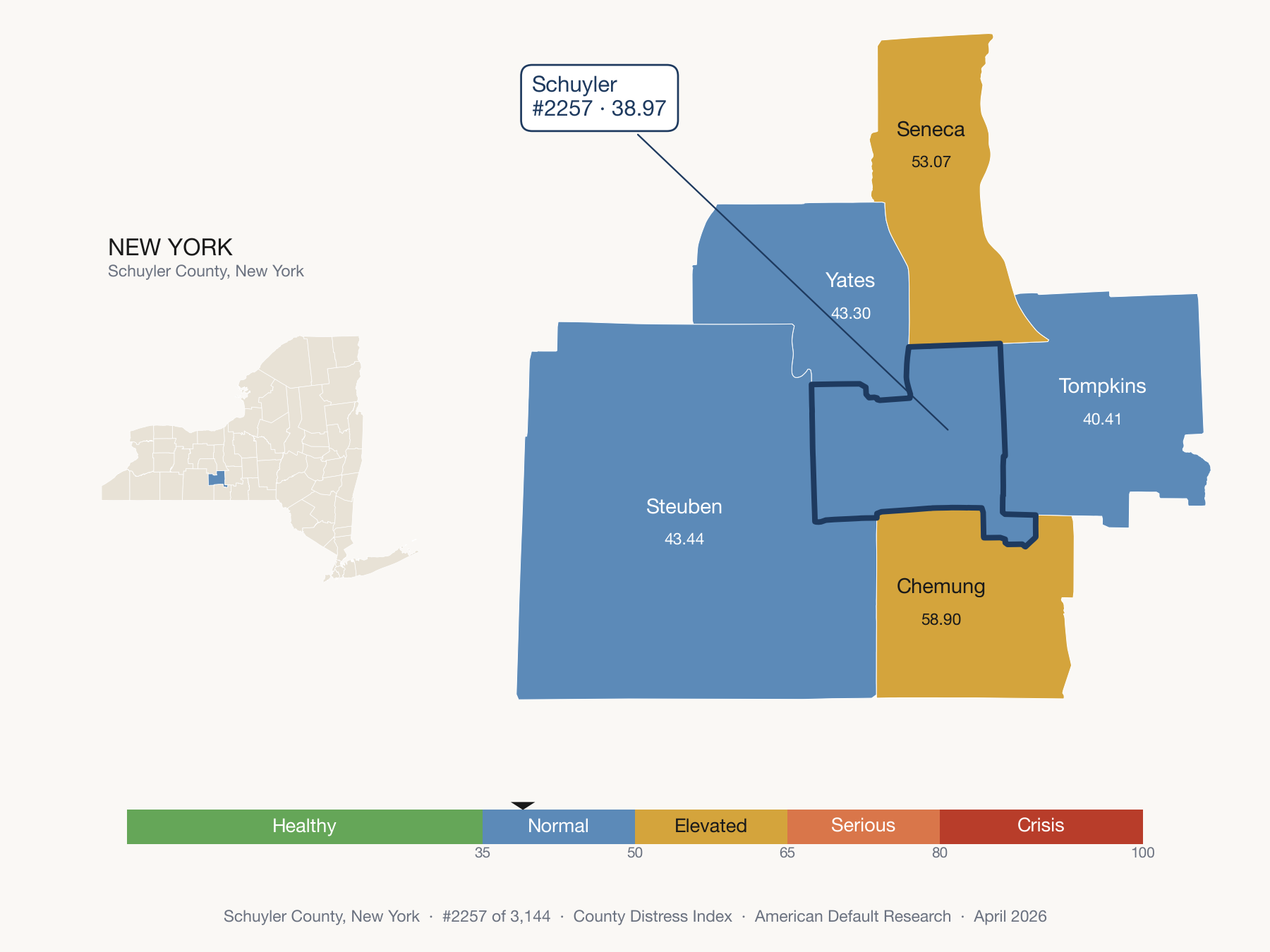 County Distress Index cluster map. Schuyler County, New York and its neighbors colored by distress fifth.