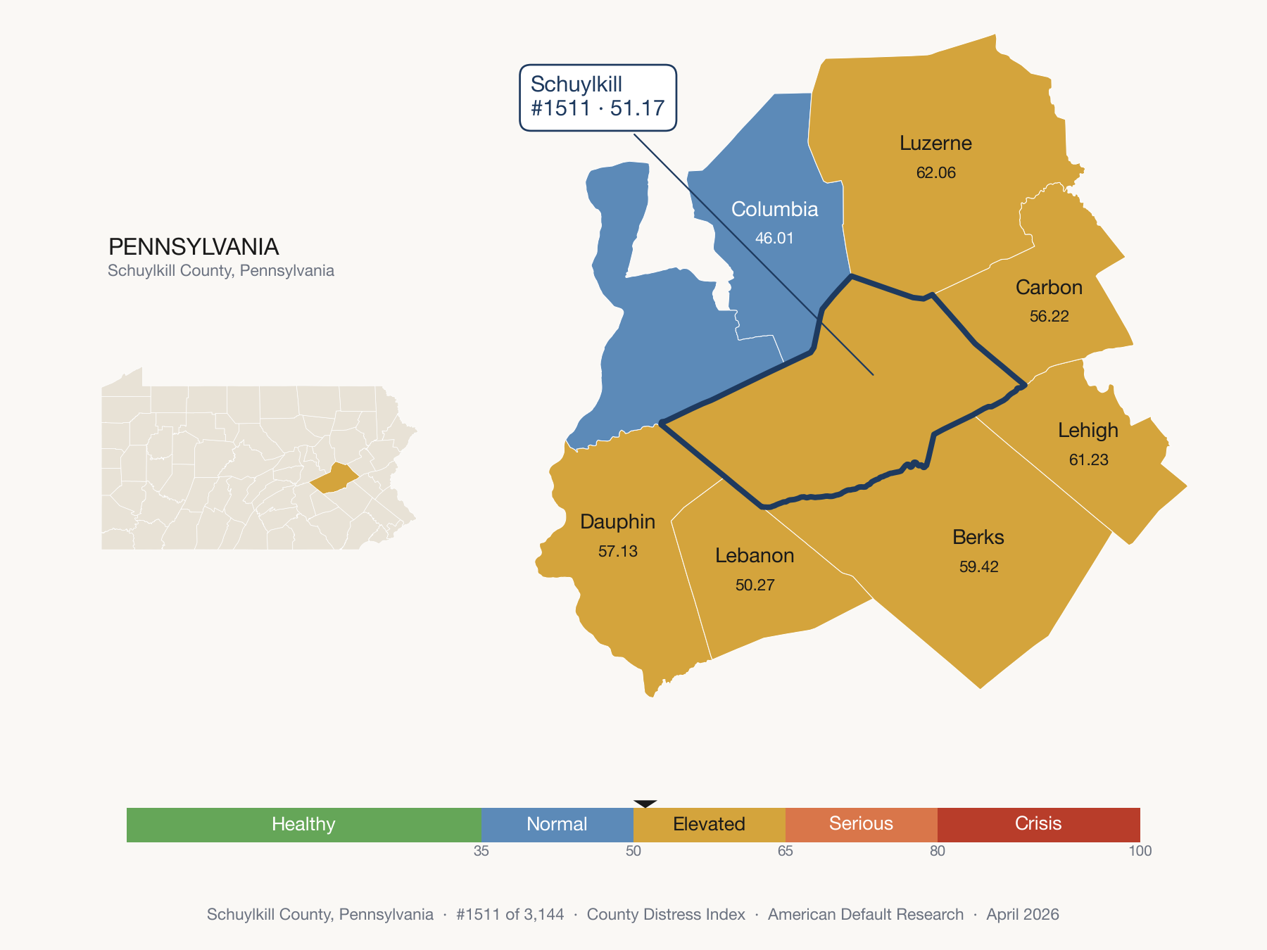 County Distress Index cluster map. Schuylkill County, Pennsylvania and its neighbors colored by distress fifth.