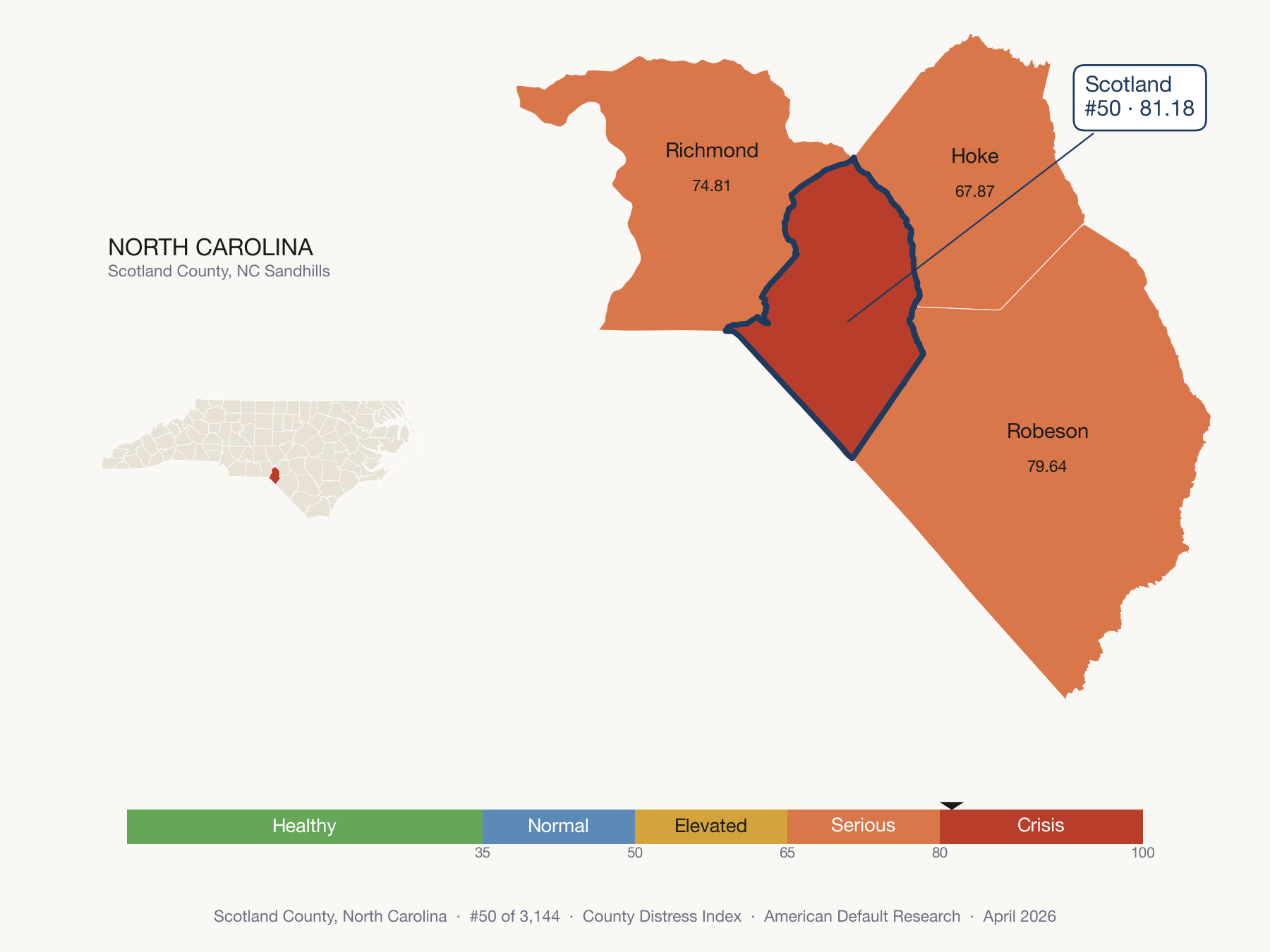 County Distress Index cluster map. Scotland County, North Carolina and its neighbors colored by distress fifth.