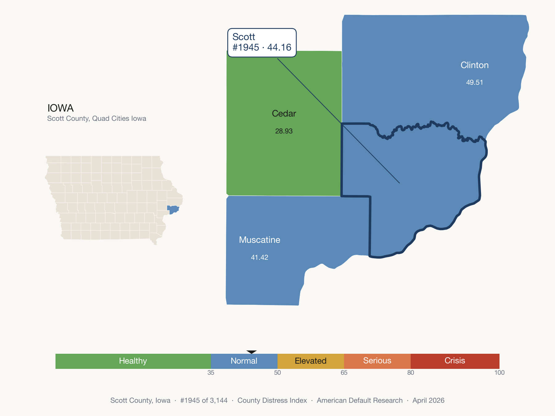 County Distress Index cluster map. Scott County, Iowa and its neighbors colored by distress fifth.