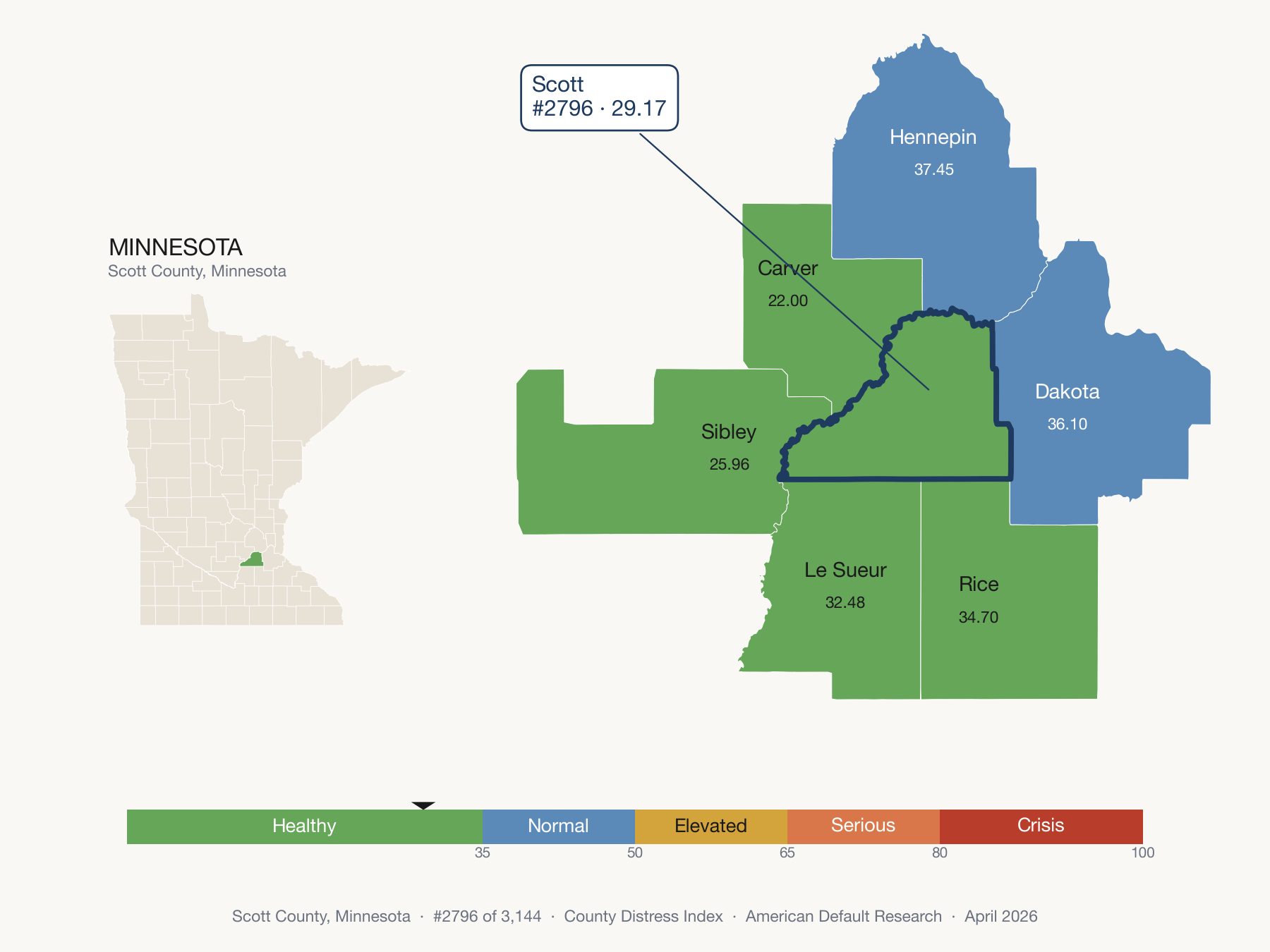 County Distress Index cluster map. Scott County, Minnesota and its neighbors colored by distress fifth.
