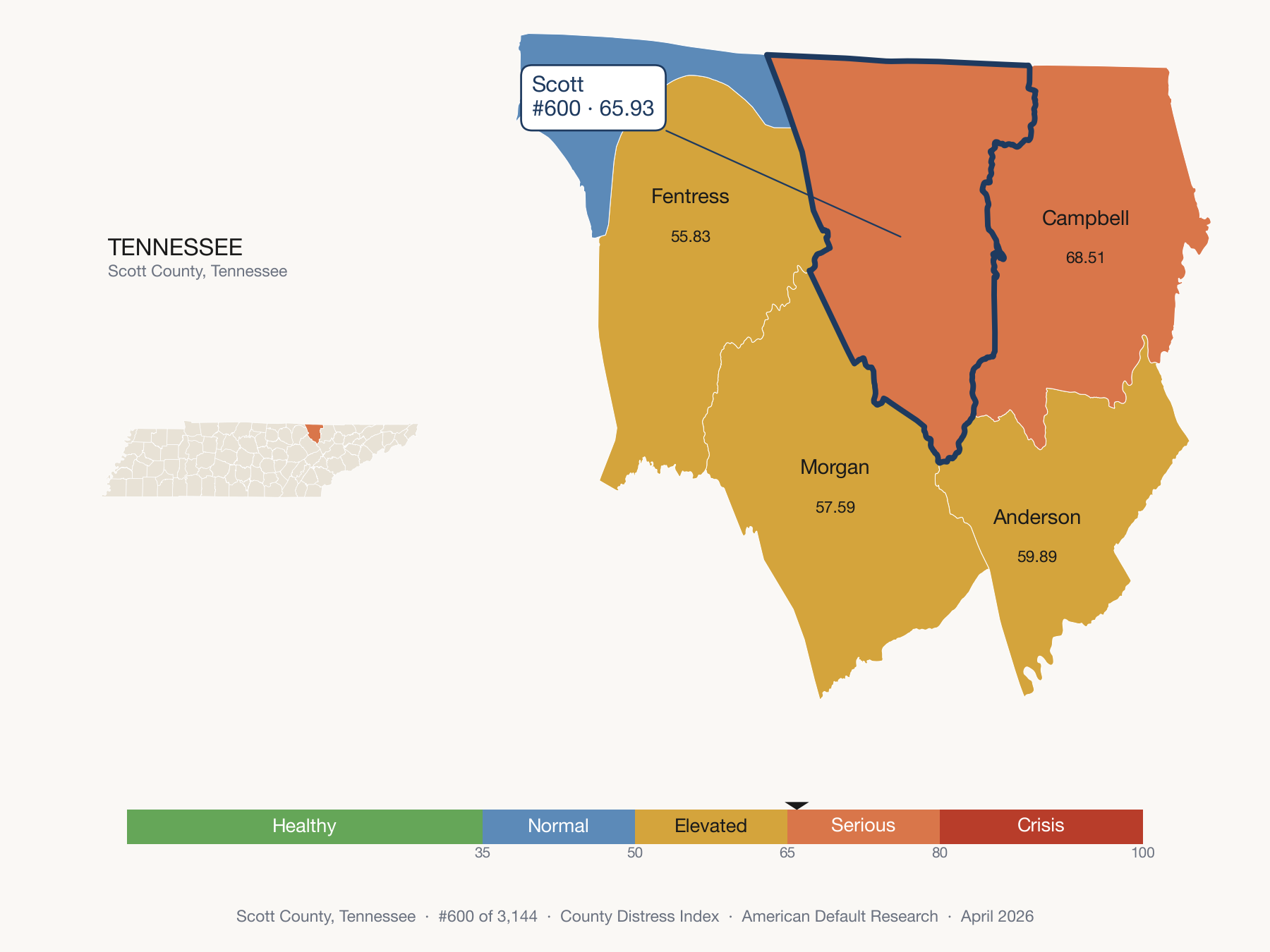 County Distress Index cluster map. Scott County, Tennessee and its neighbors colored by distress fifth.