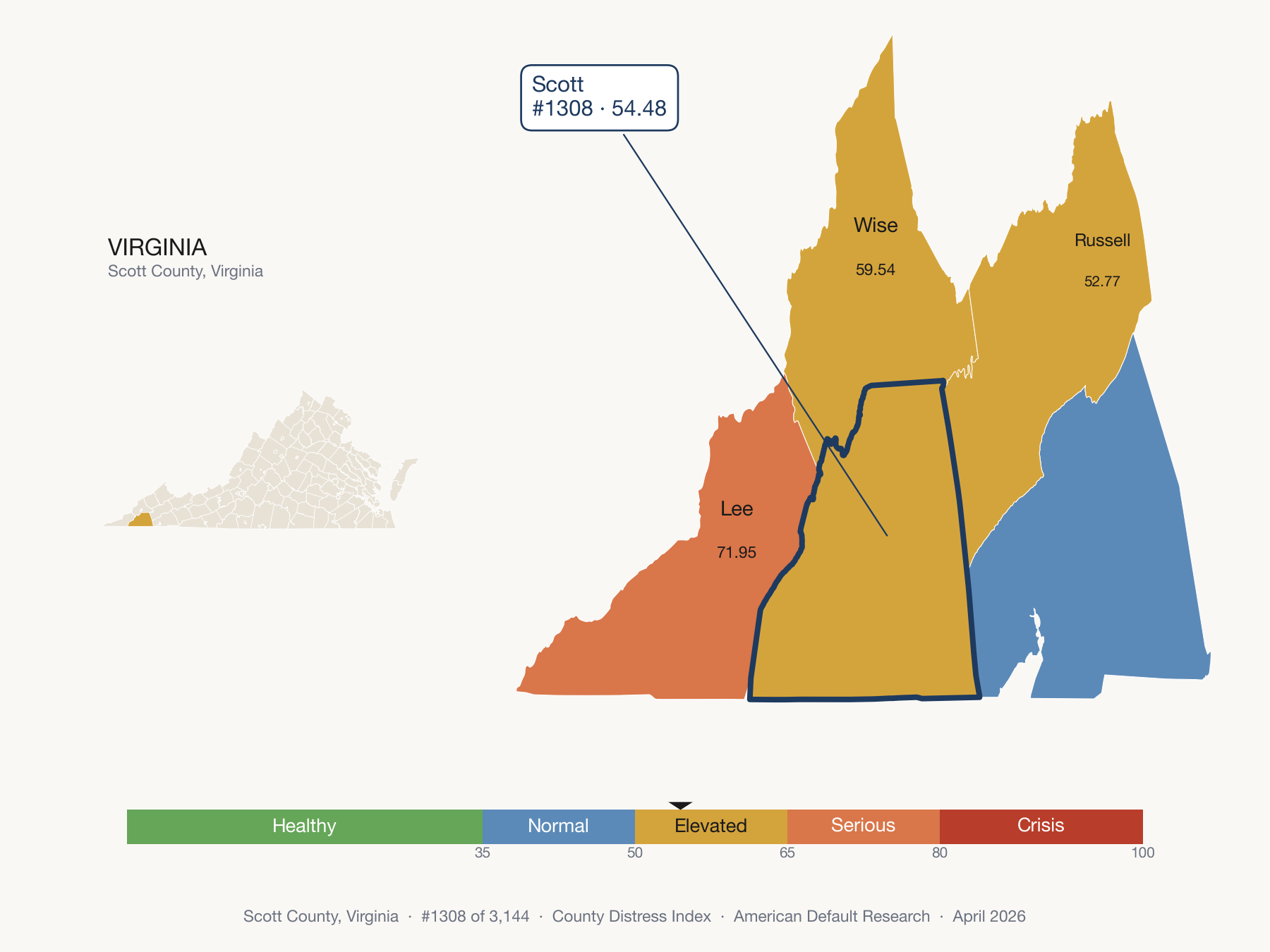 County Distress Index cluster map. Scott County, Virginia and its neighbors colored by distress fifth.