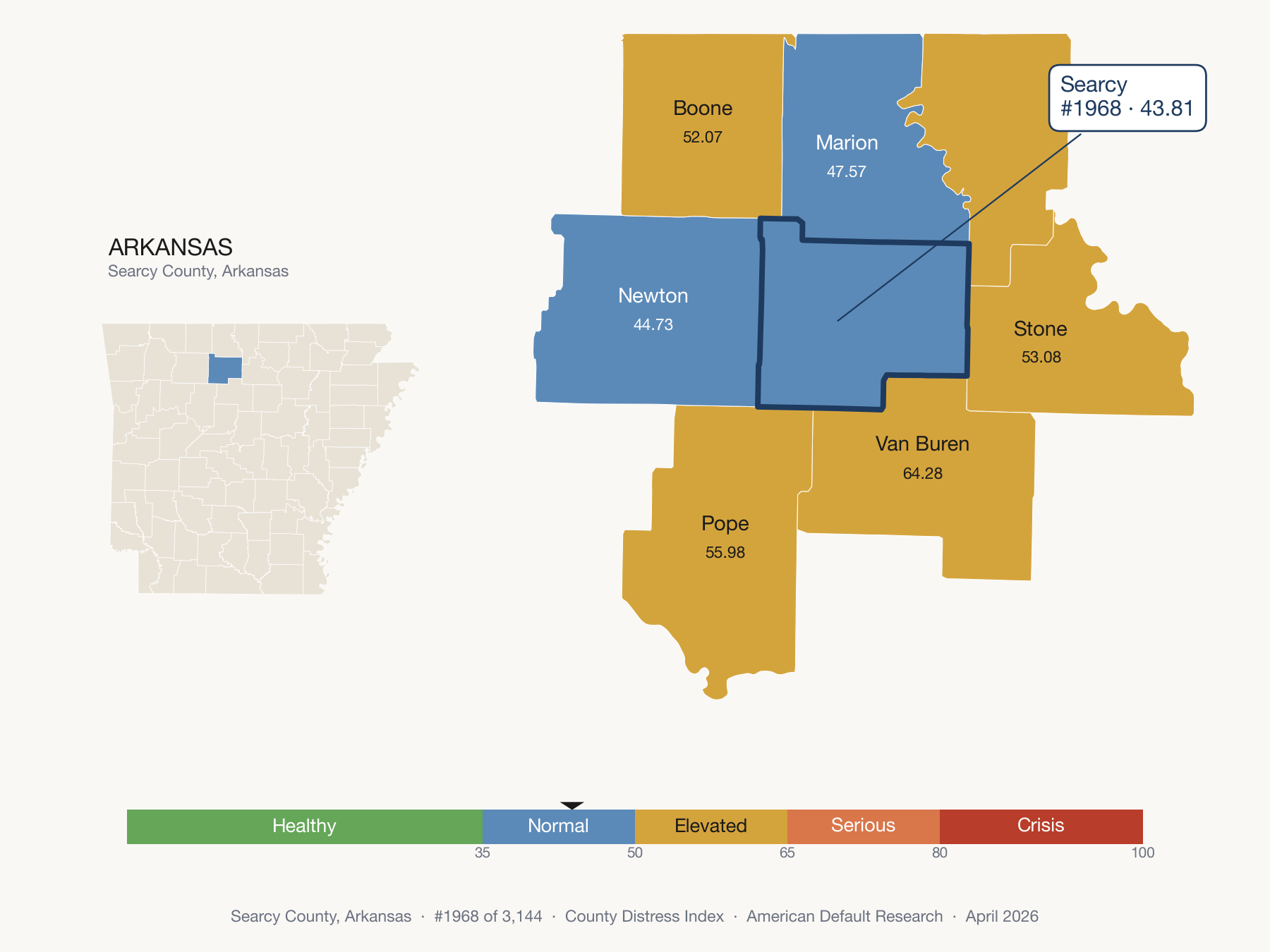 County Distress Index cluster map. Searcy County, Arkansas and its neighbors colored by distress fifth.