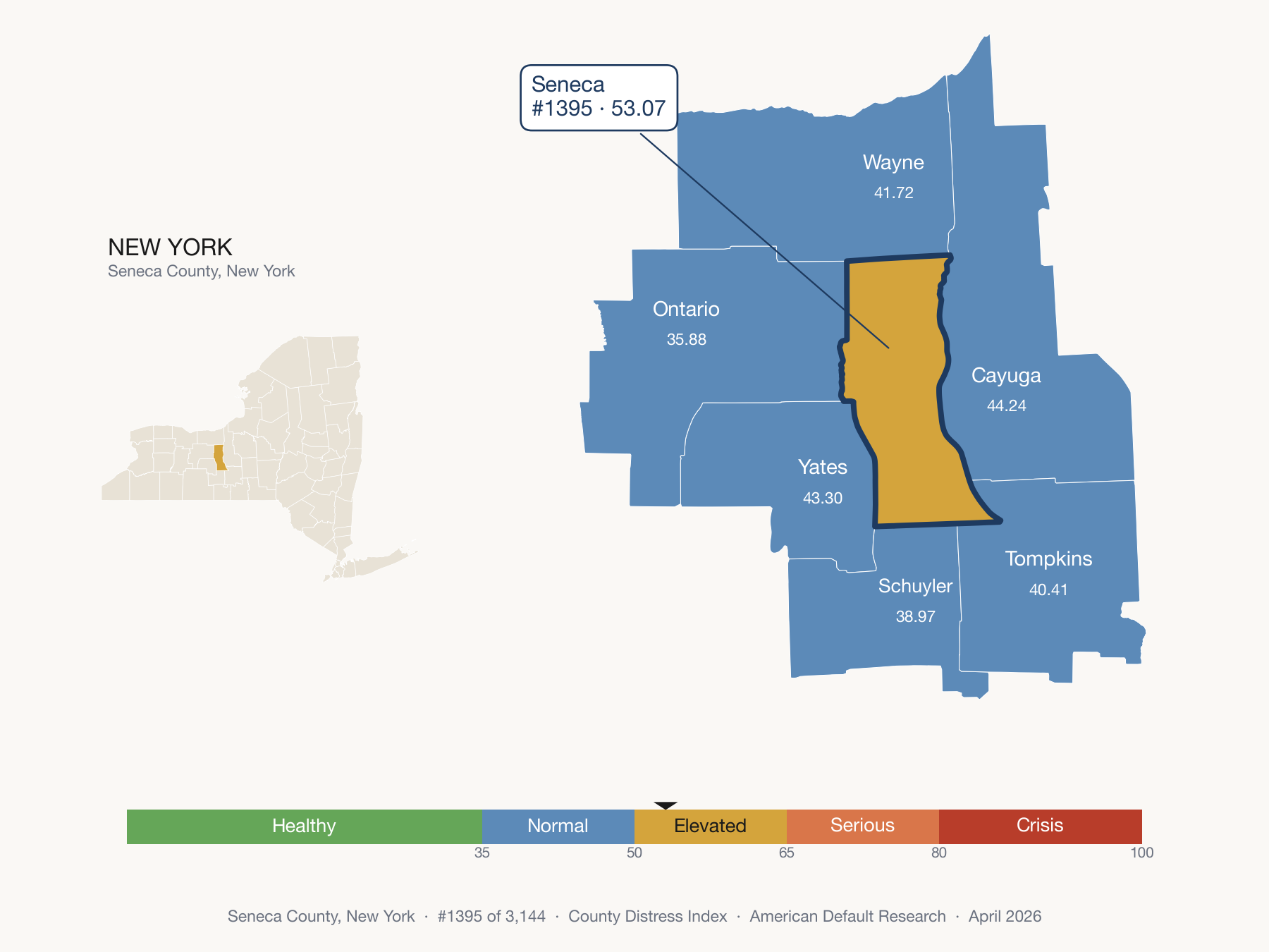 County Distress Index cluster map. Seneca County, New York and its neighbors colored by distress fifth.