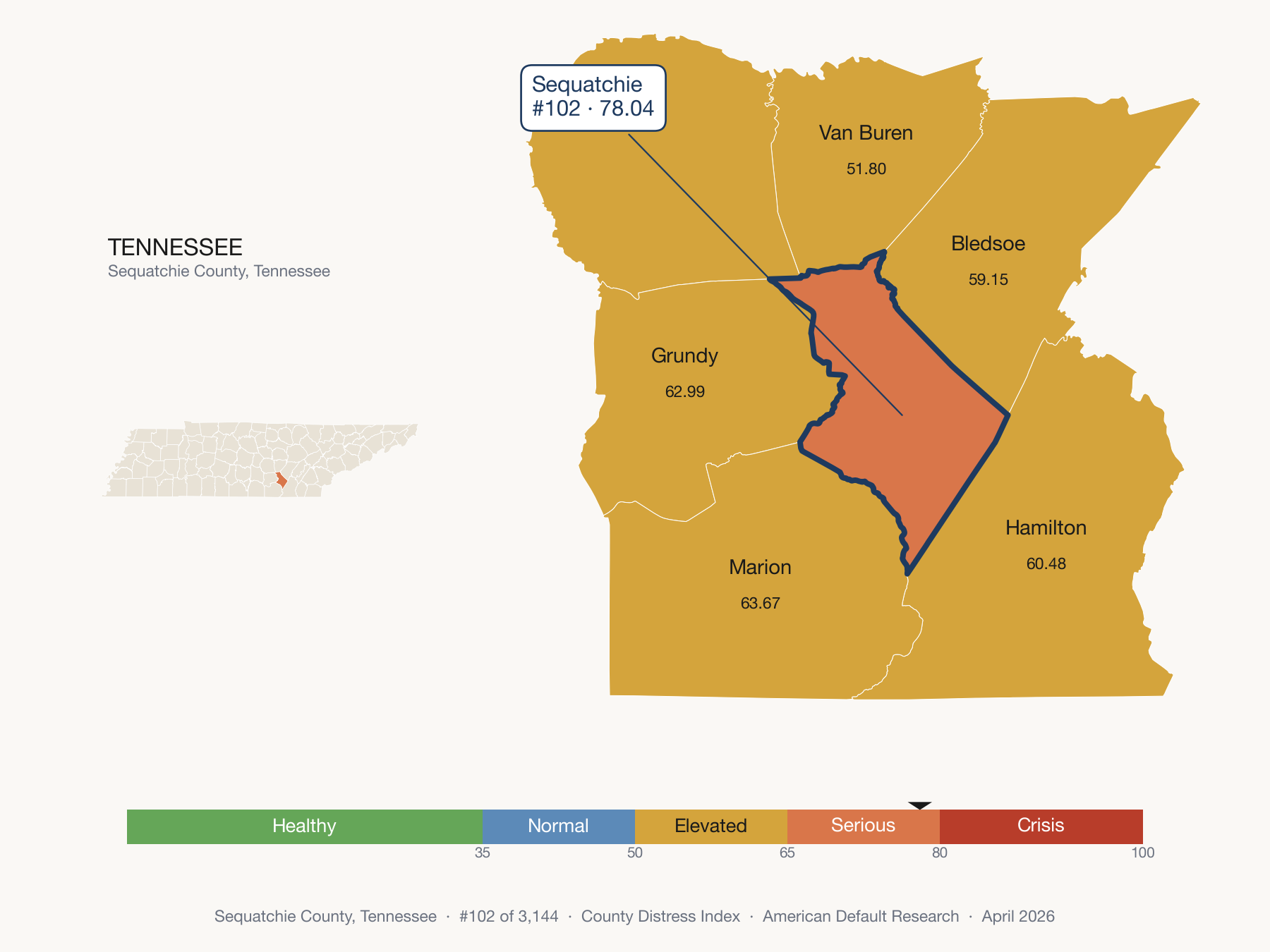 County Distress Index cluster map. Sequatchie County, Tennessee and its neighbors colored by distress fifth.