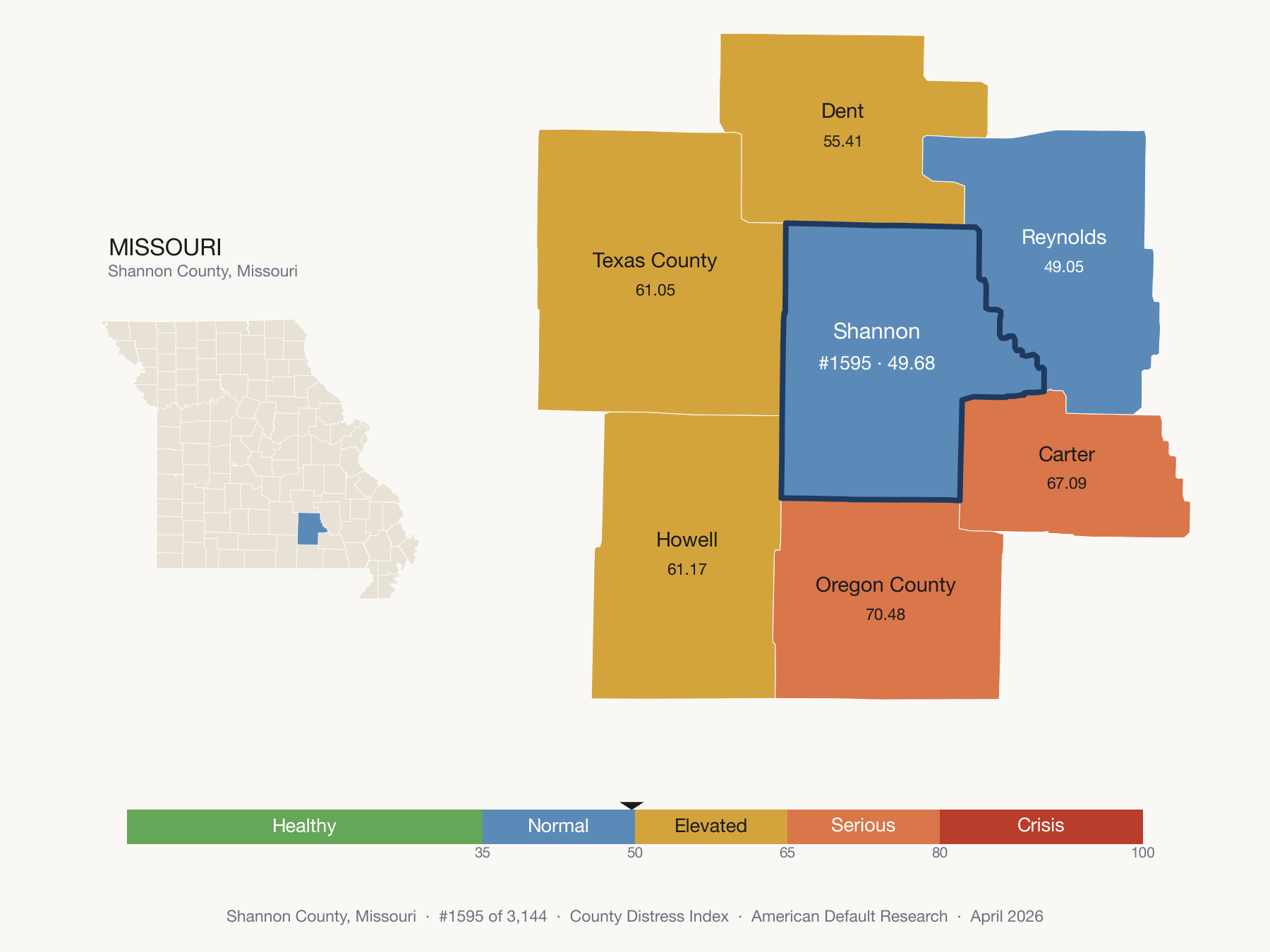 County Distress Index cluster map. Shannon County, Missouri and its neighbors colored by distress fifth.