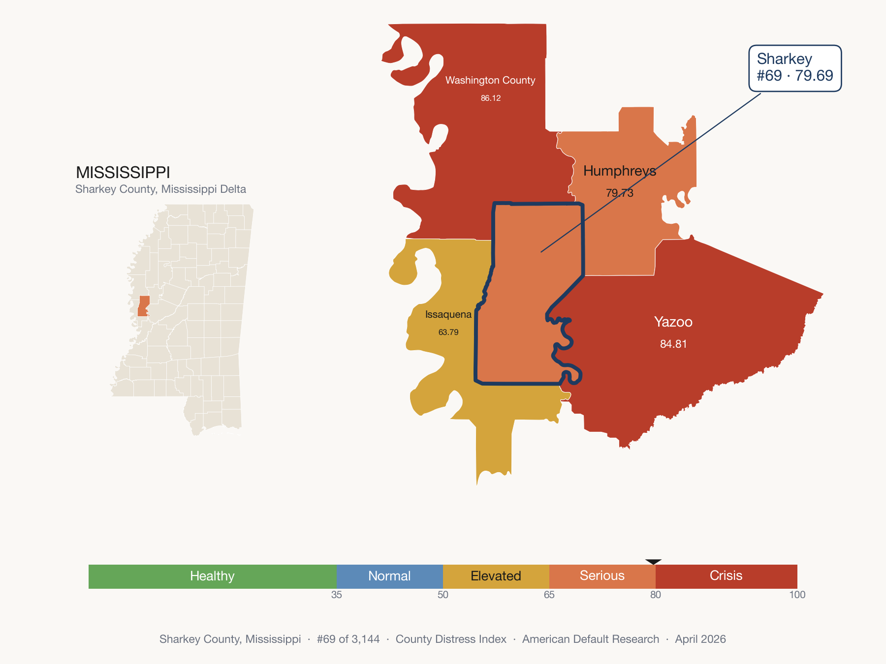 County Distress Index cluster map. Sharkey County, Mississippi and its neighbors colored by distress fifth.