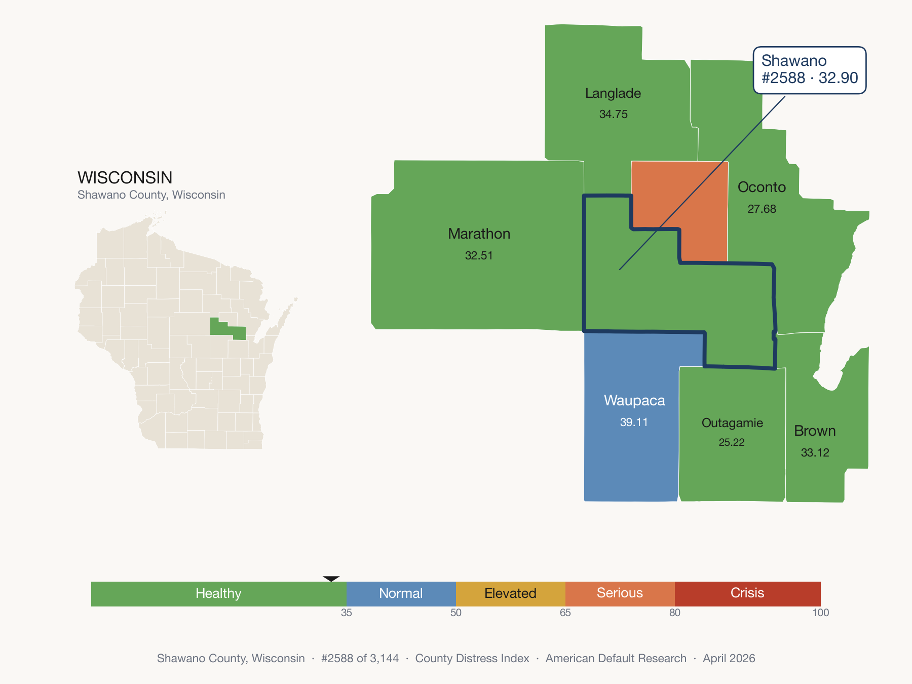 County Distress Index cluster map. Shawano County, Wisconsin and its neighbors colored by distress fifth.
