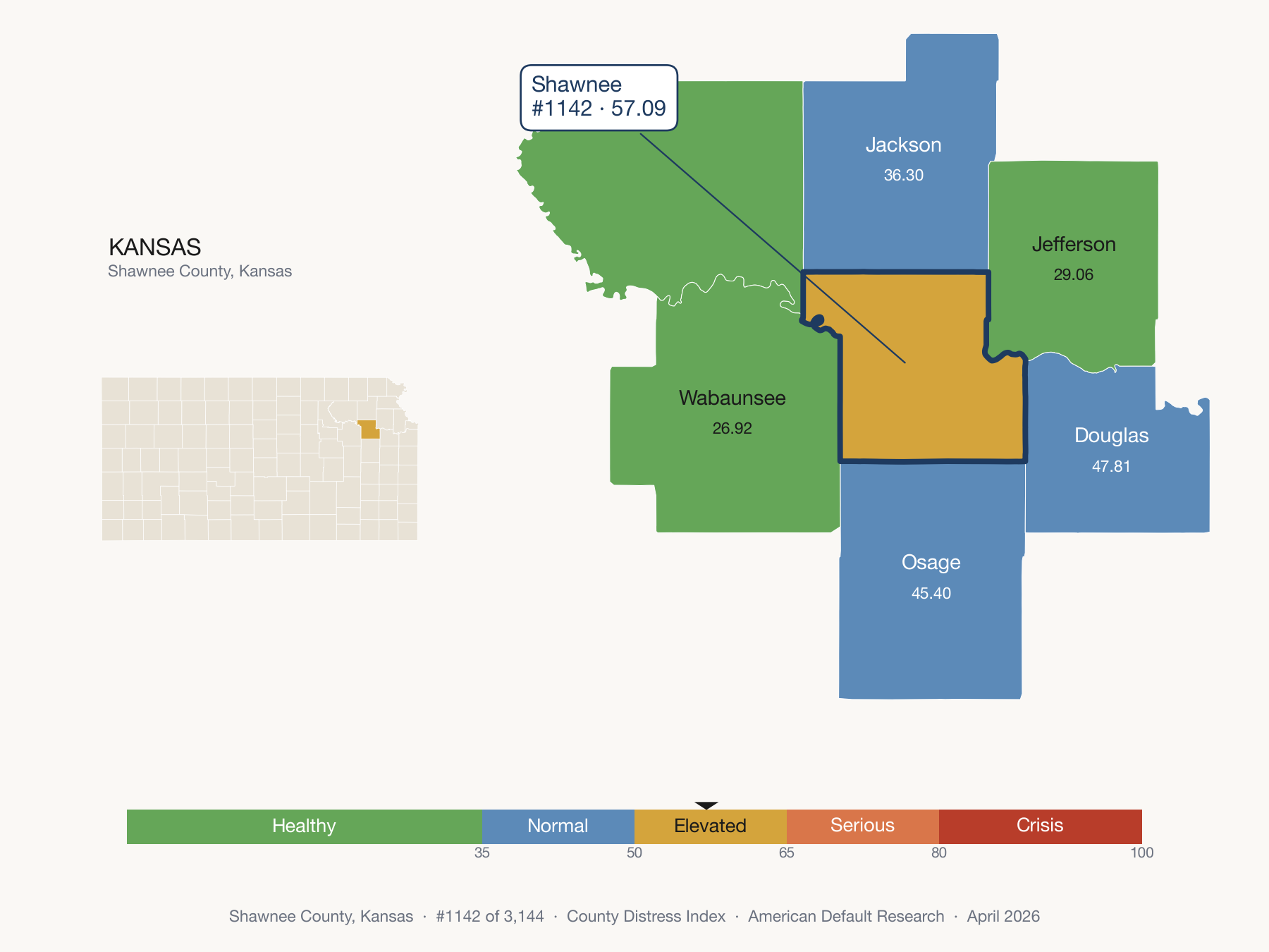 County Distress Index cluster map. Shawnee County, Kansas and its neighbors colored by distress fifth.