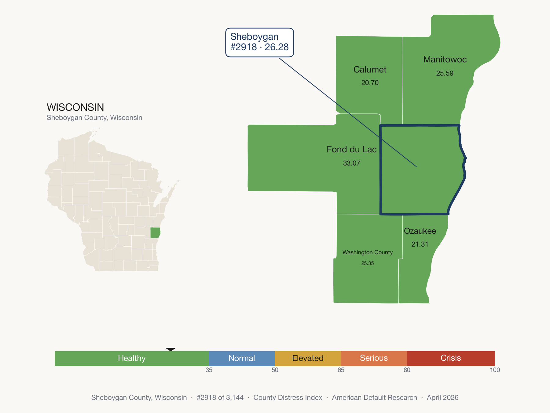County Distress Index cluster map. Sheboygan County, Wisconsin and its neighbors colored by distress fifth.