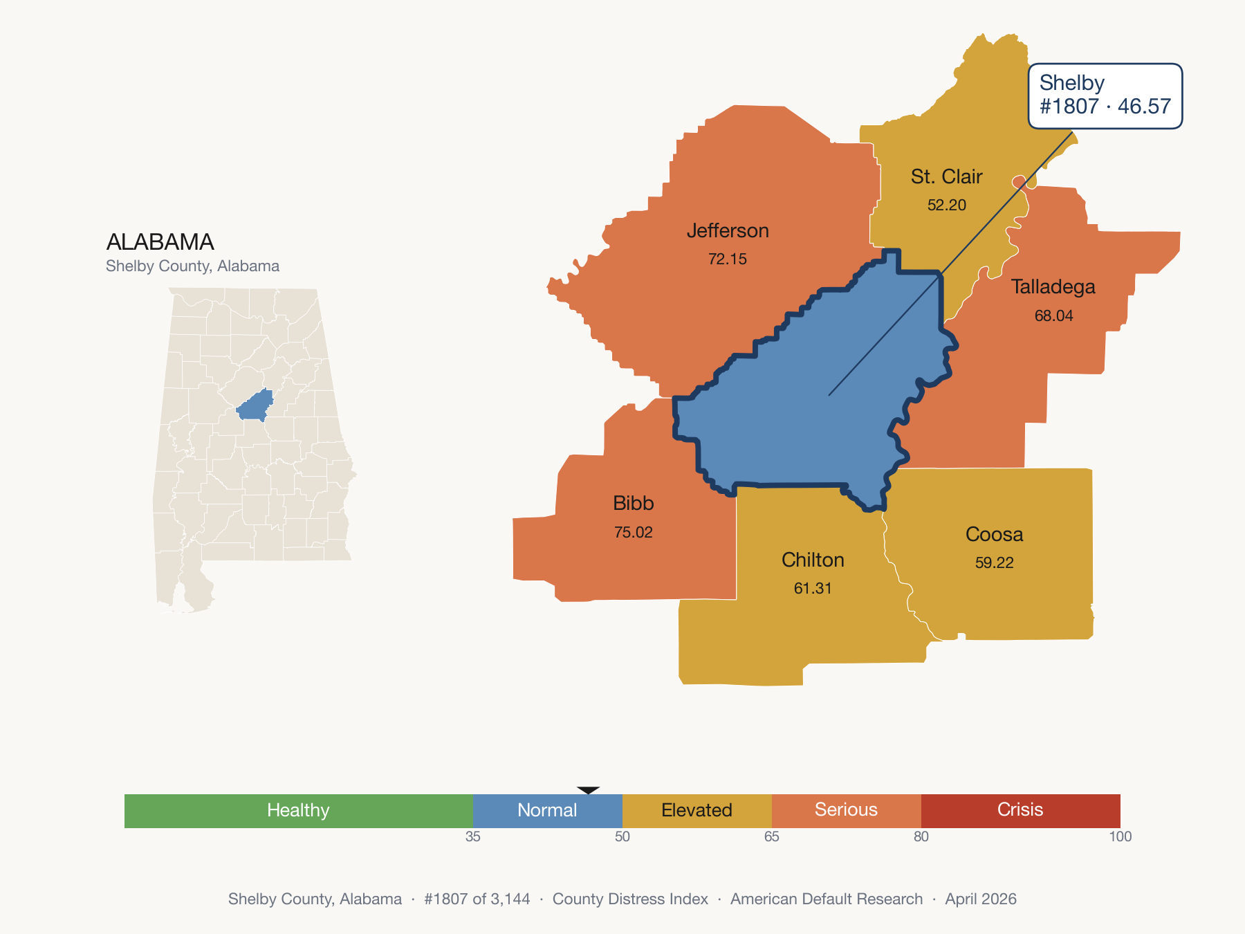 County Distress Index cluster map. Shelby County, Alabama and its neighbors colored by distress fifth.