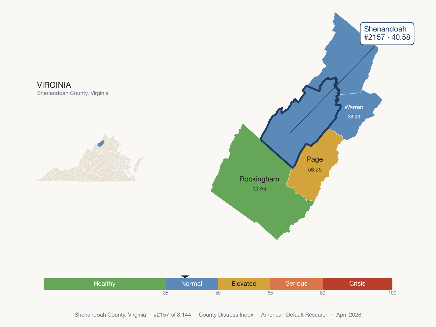County Distress Index cluster map. Shenandoah County, Virginia and its neighbors colored by distress fifth.