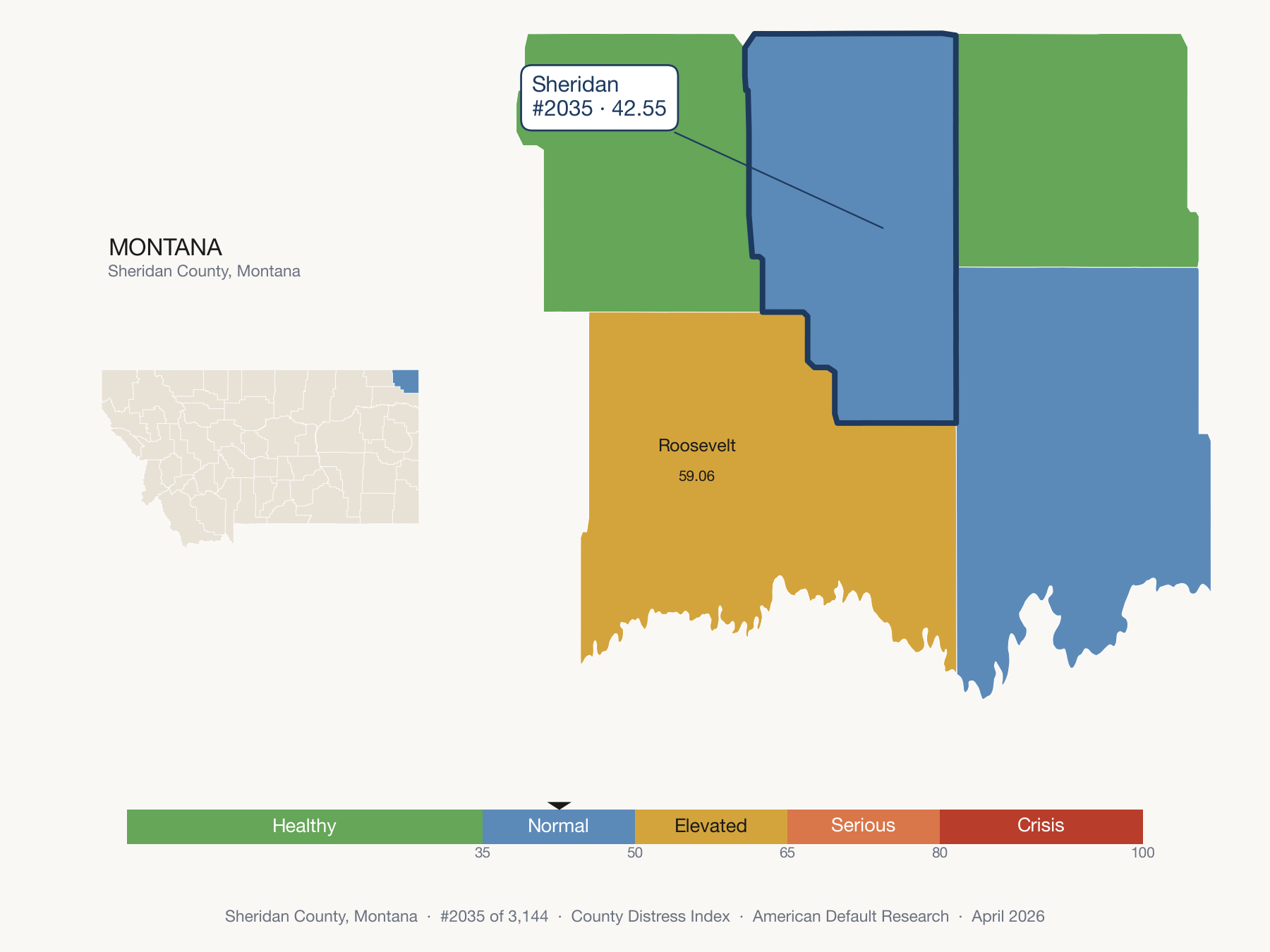 County Distress Index cluster map. Sheridan County, Montana and its neighbors colored by distress fifth.
