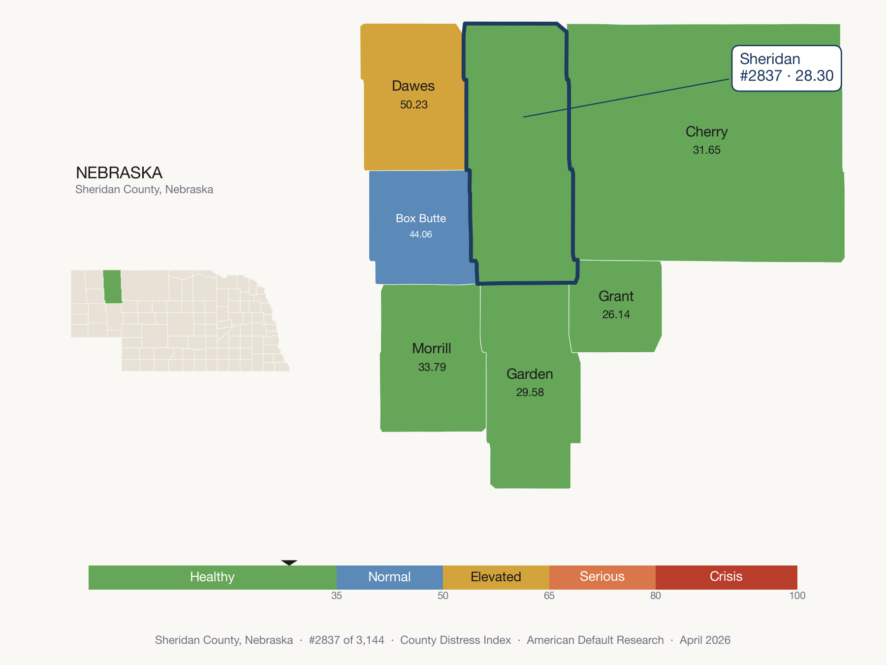 County Distress Index cluster map. Sheridan County, Nebraska and its neighbors colored by distress fifth.