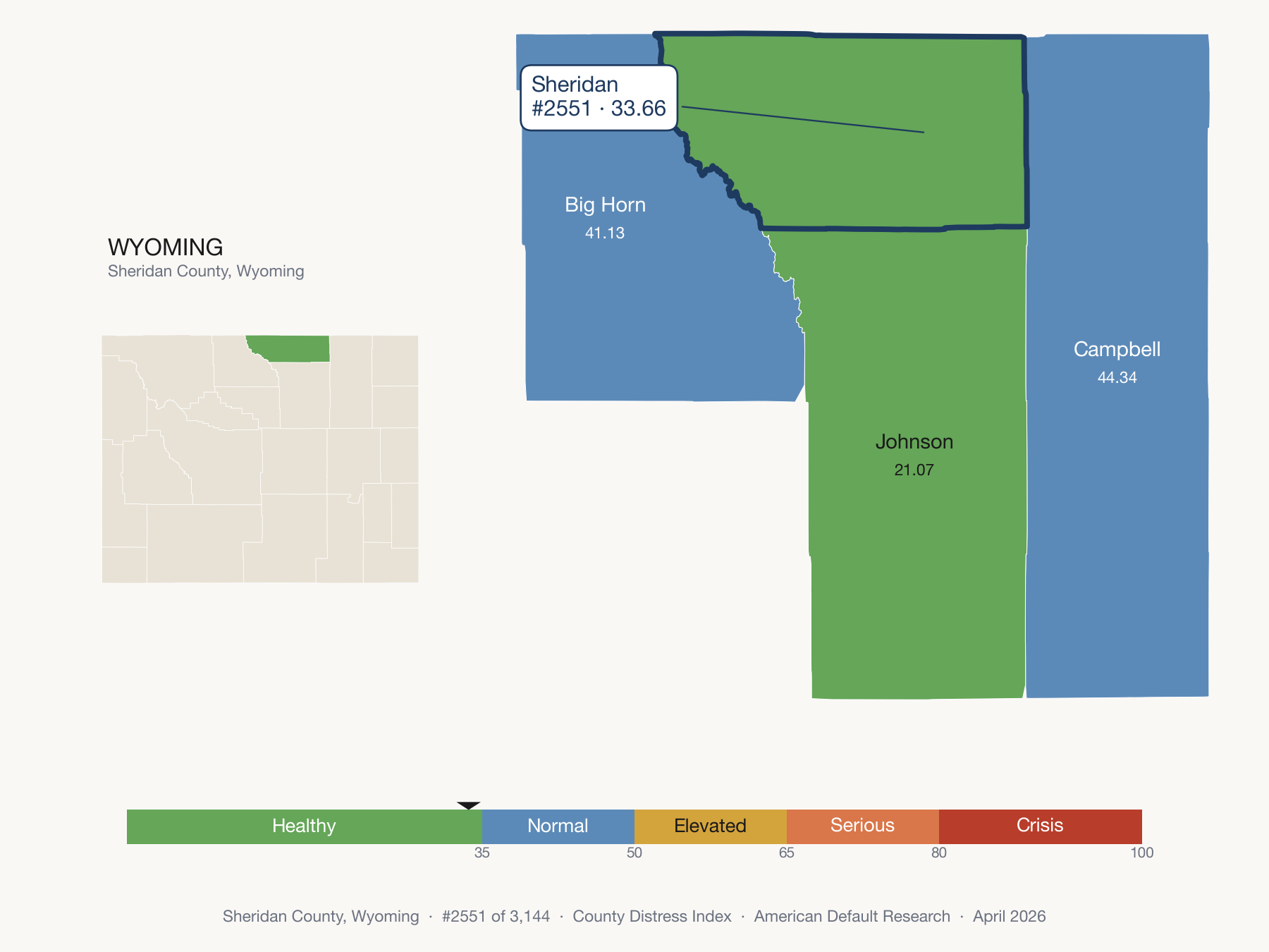 County Distress Index cluster map. Sheridan County, Wyoming and its neighbors colored by distress fifth.