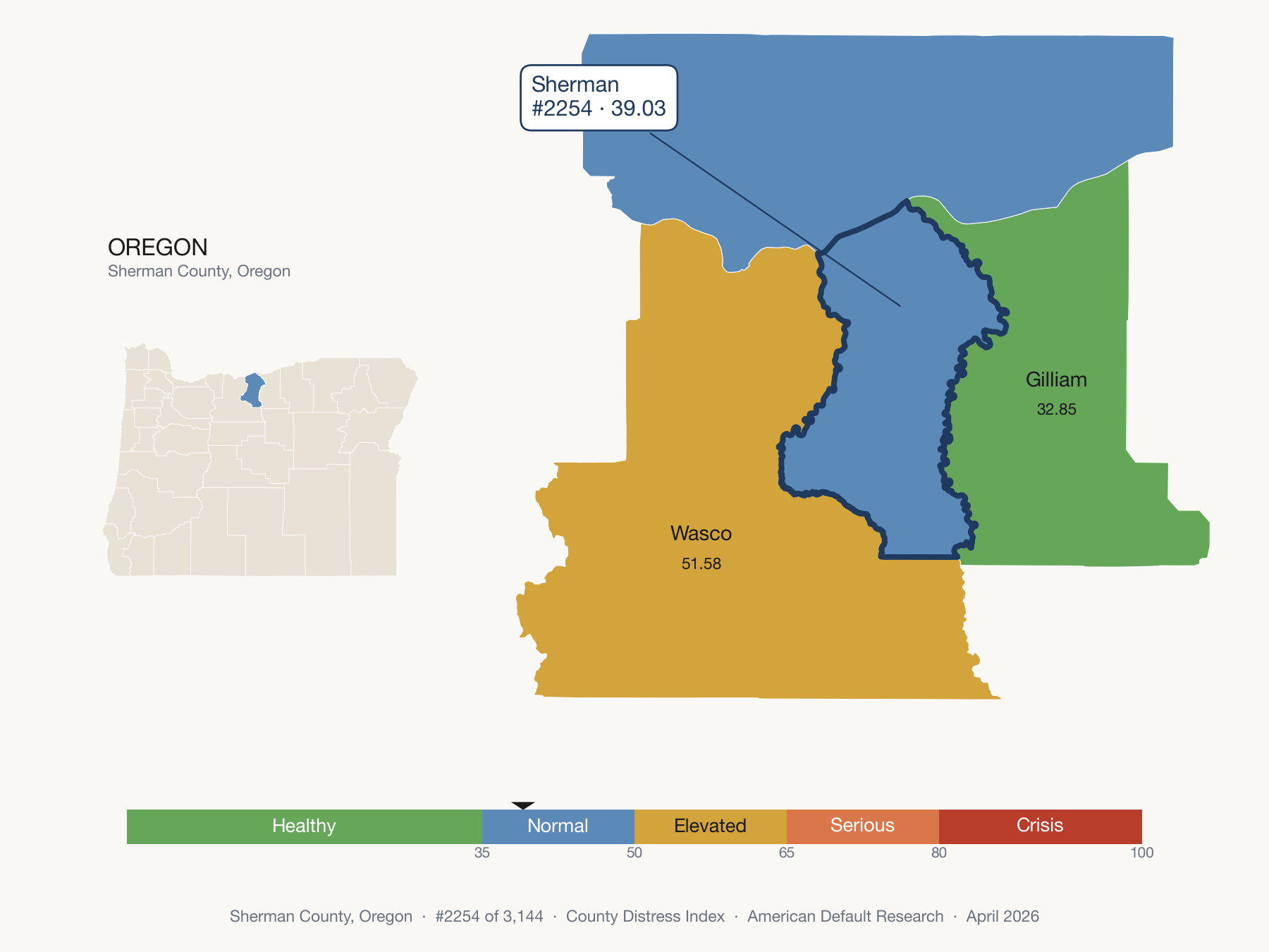 County Distress Index cluster map. Sherman County, Oregon and its neighbors colored by distress fifth.