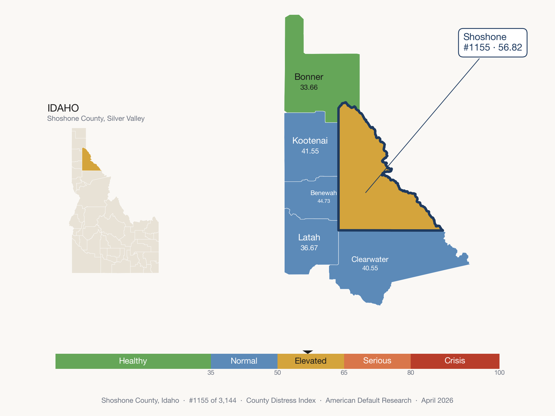 County Distress Index cluster map. Shoshone County, Idaho and its neighbors colored by distress fifth.