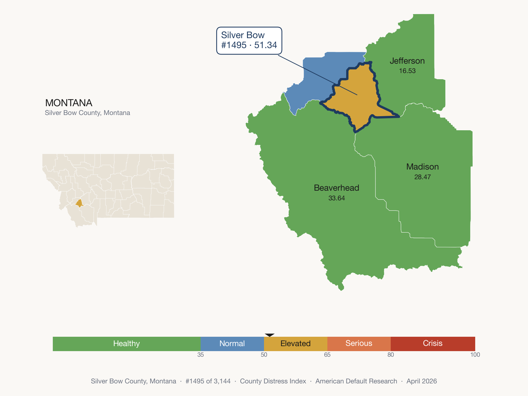 County Distress Index cluster map. Silver Bow County, Montana and its neighbors colored by distress fifth.