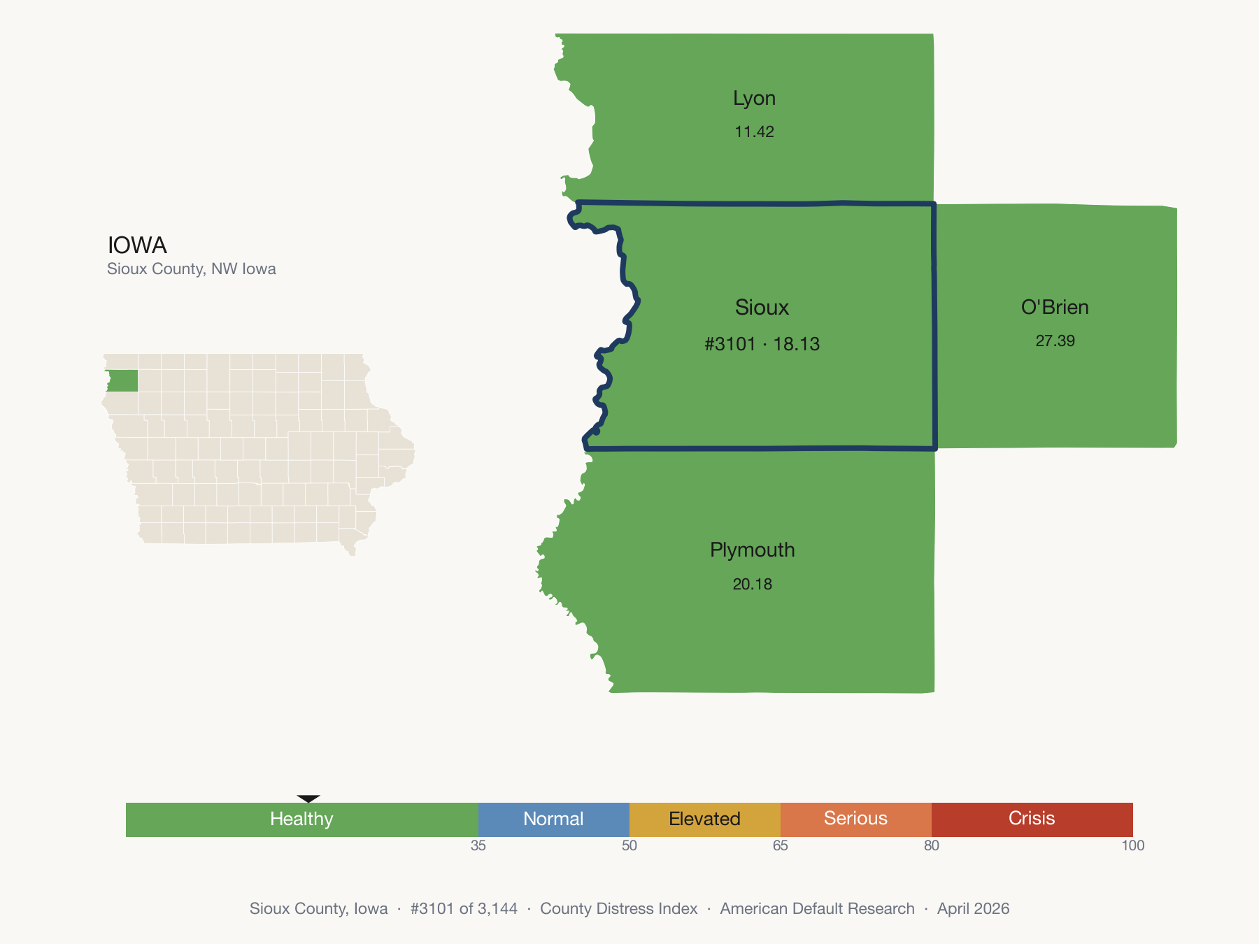 County Distress Index cluster map. Sioux County, Iowa and its neighbors colored by distress fifth.