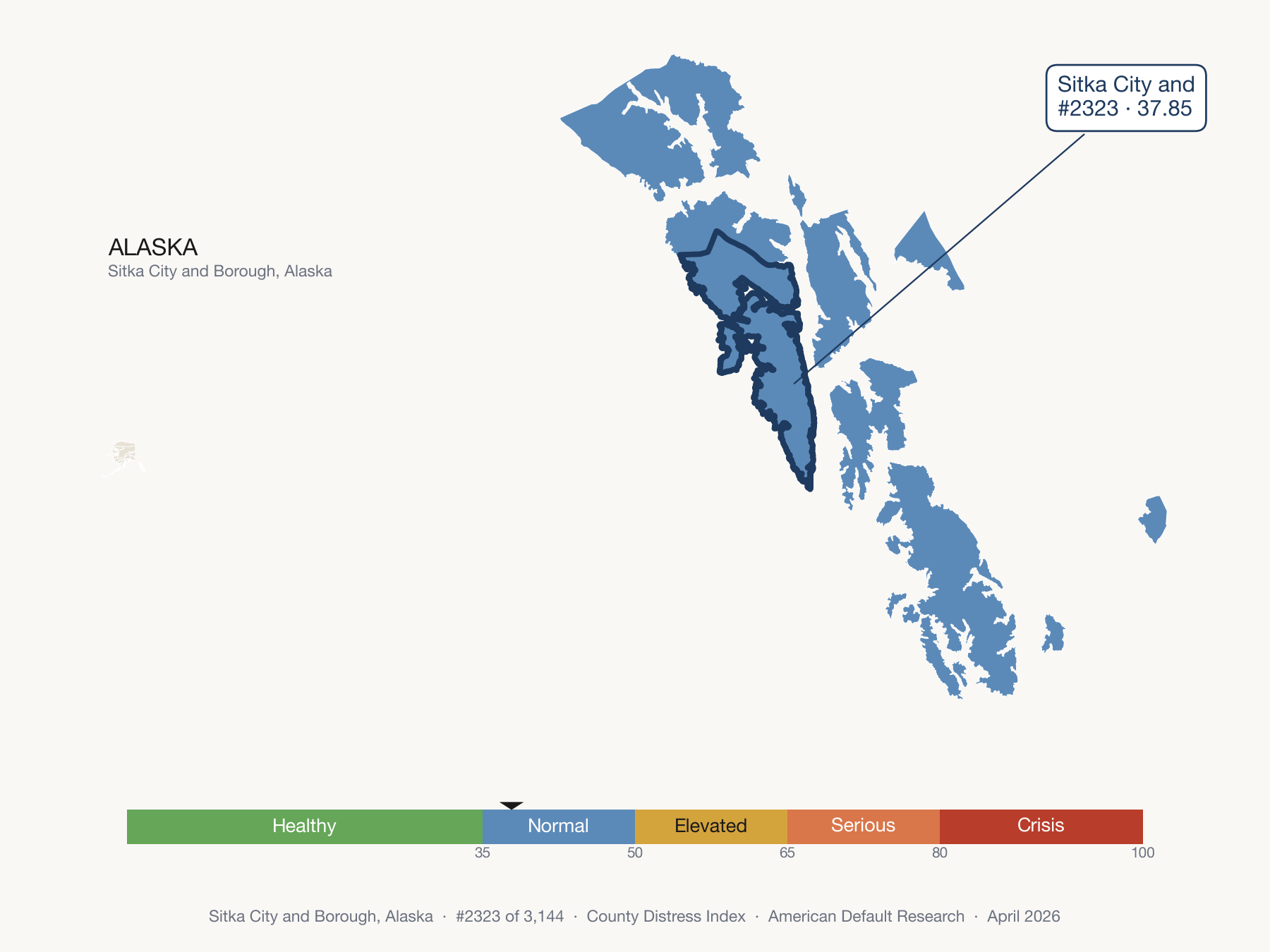County Distress Index cluster map. Sitka City and Borough, Alaska and its neighbors colored by distress fifth.