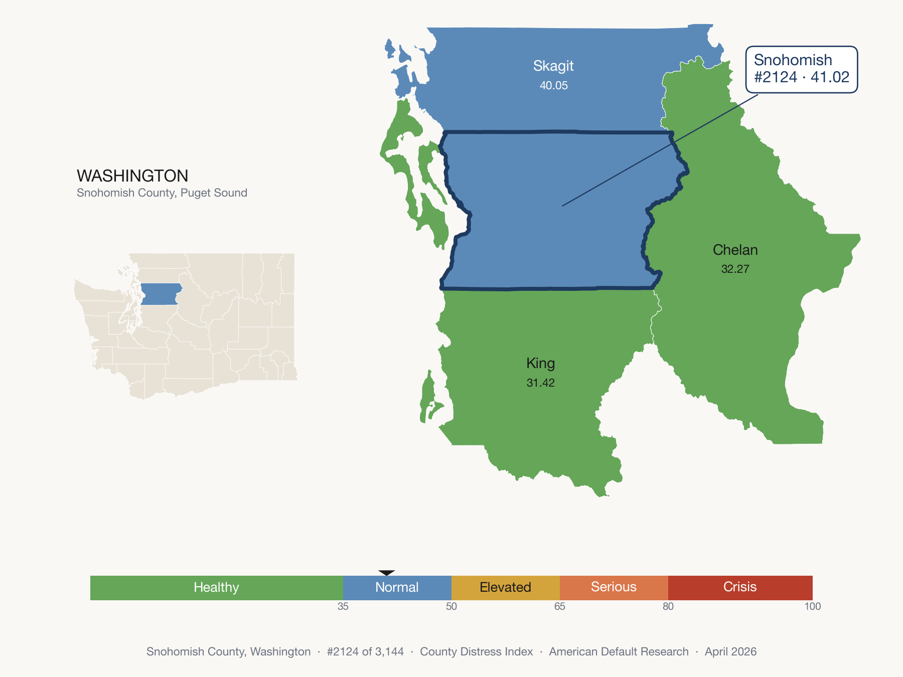 County Distress Index cluster map. Snohomish County, Washington and its neighbors colored by distress fifth.
