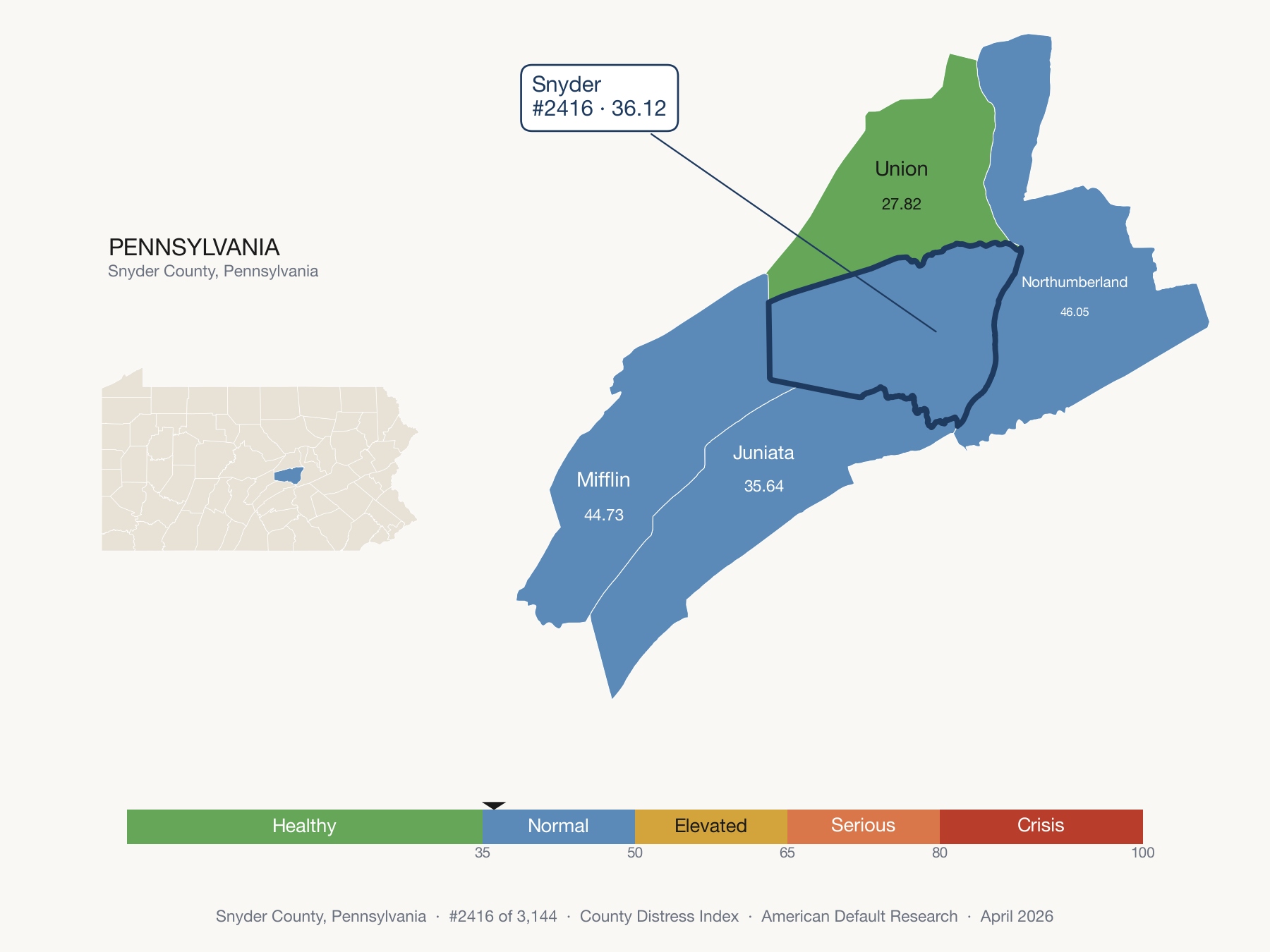 County Distress Index cluster map. Snyder County, Pennsylvania and its neighbors colored by distress fifth.