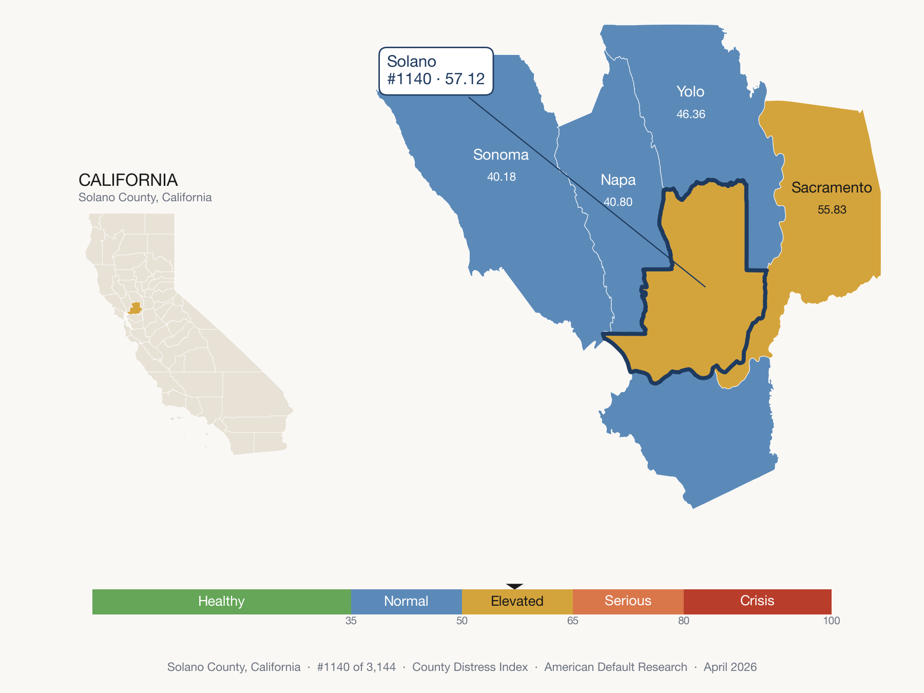County Distress Index cluster map. Solano County, California and its neighbors colored by distress fifth.