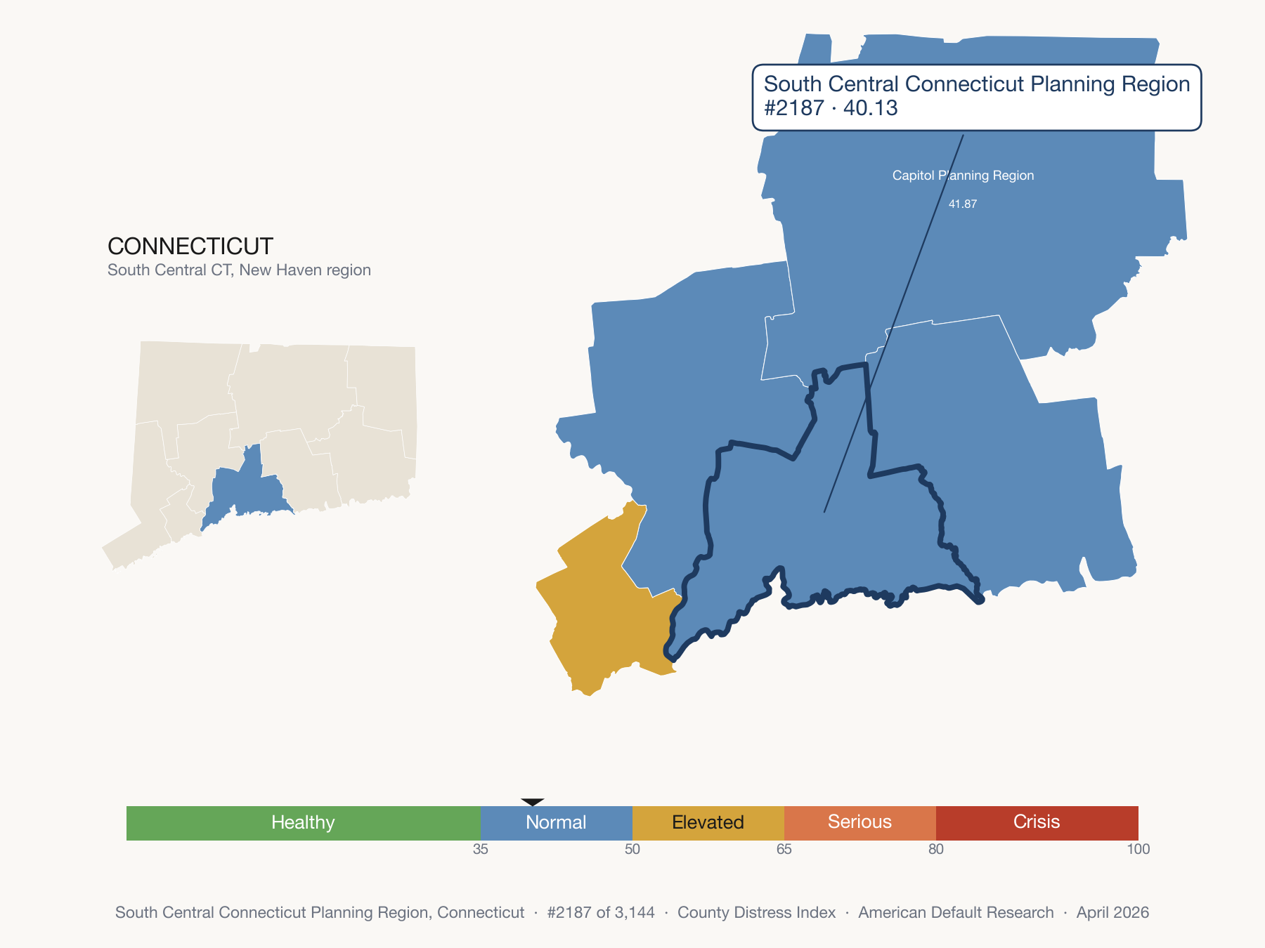 County Distress Index cluster map. South Central Connecticut Planning Region, Connecticut and its neighbors colored by distress fifth.