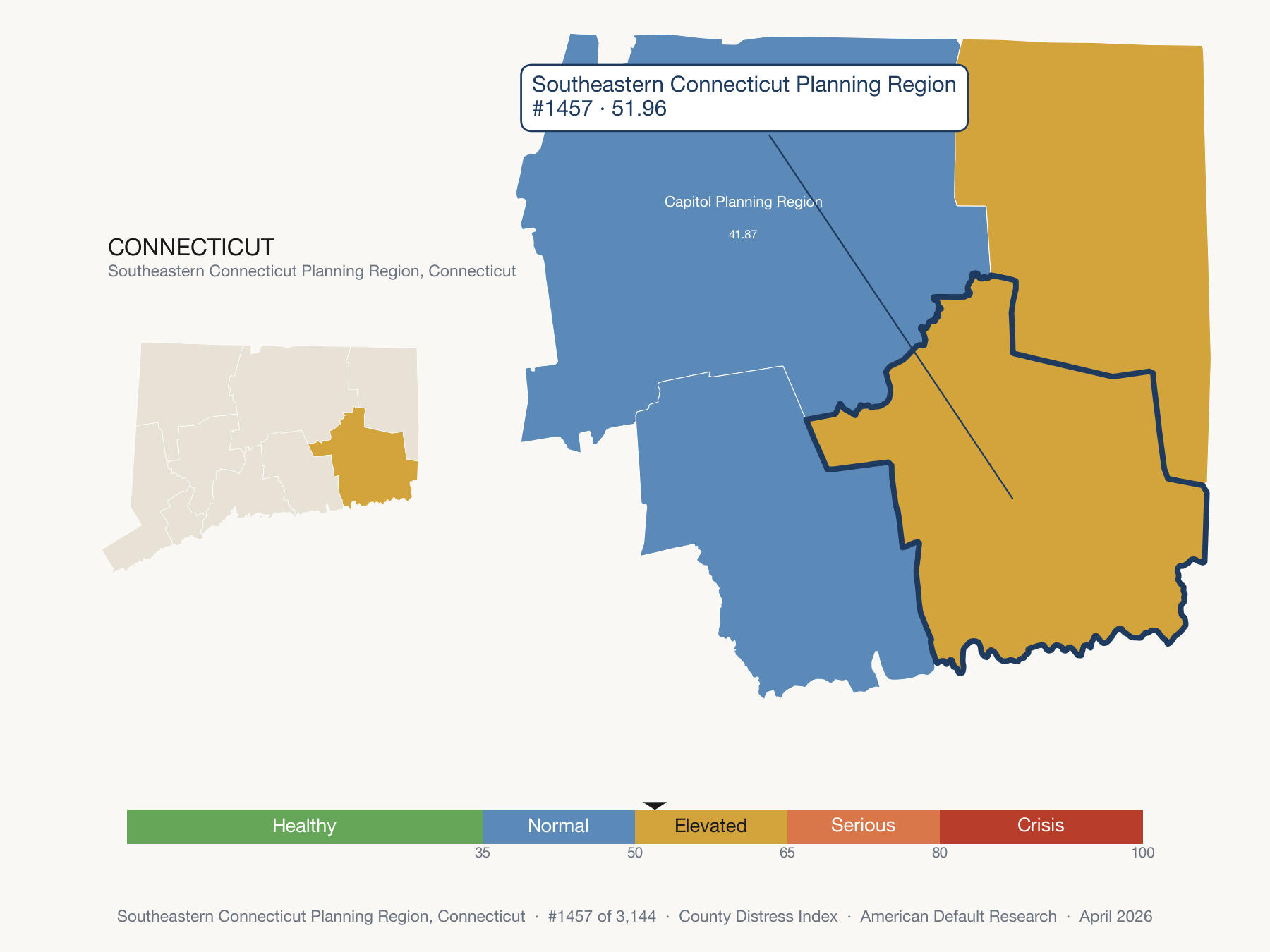 County Distress Index cluster map. Southeastern Connecticut Planning Region, Connecticut and its neighbors colored by distress fifth.