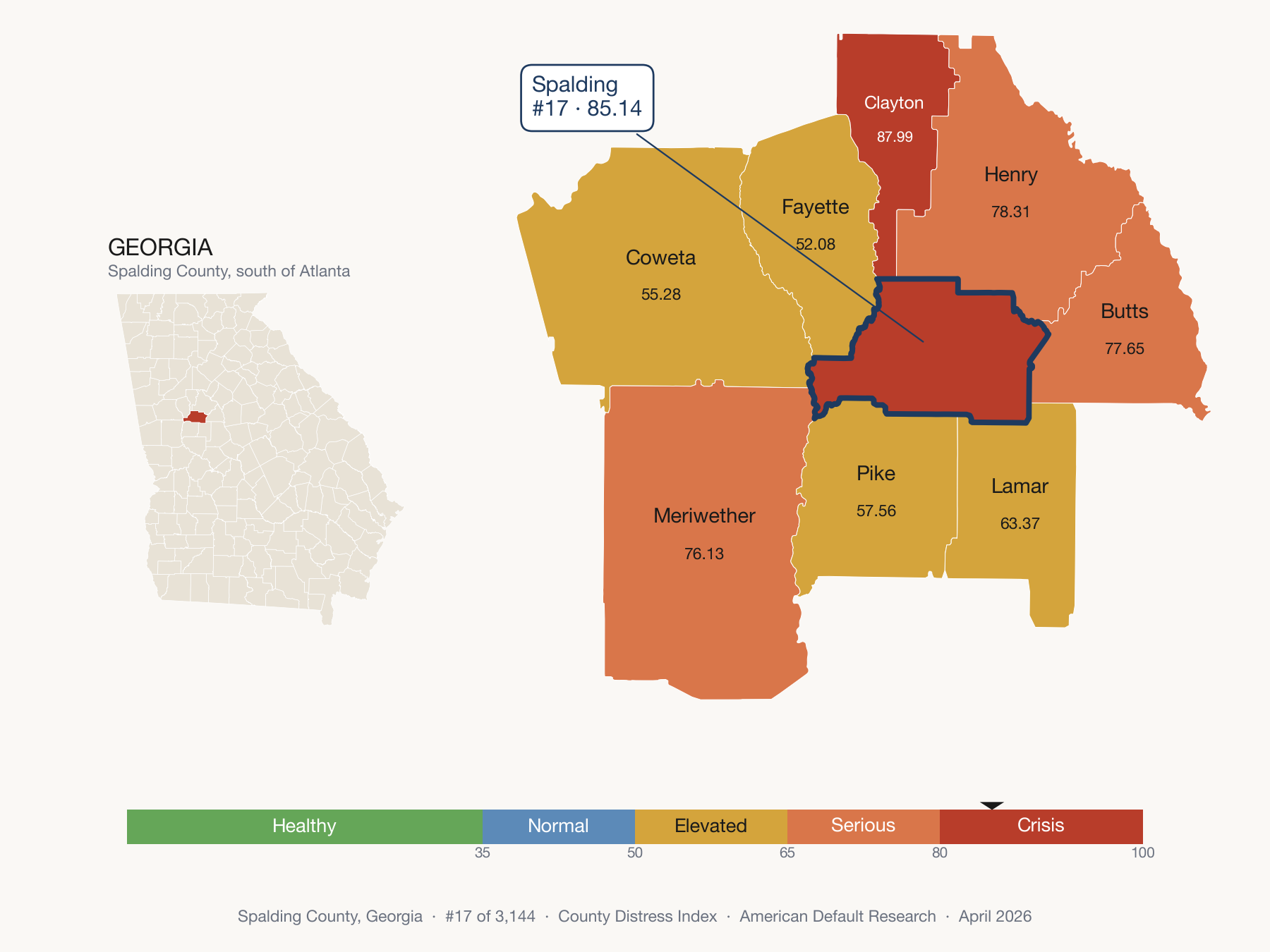 County Distress Index cluster map. Spalding County, Georgia and its neighbors colored by distress fifth.