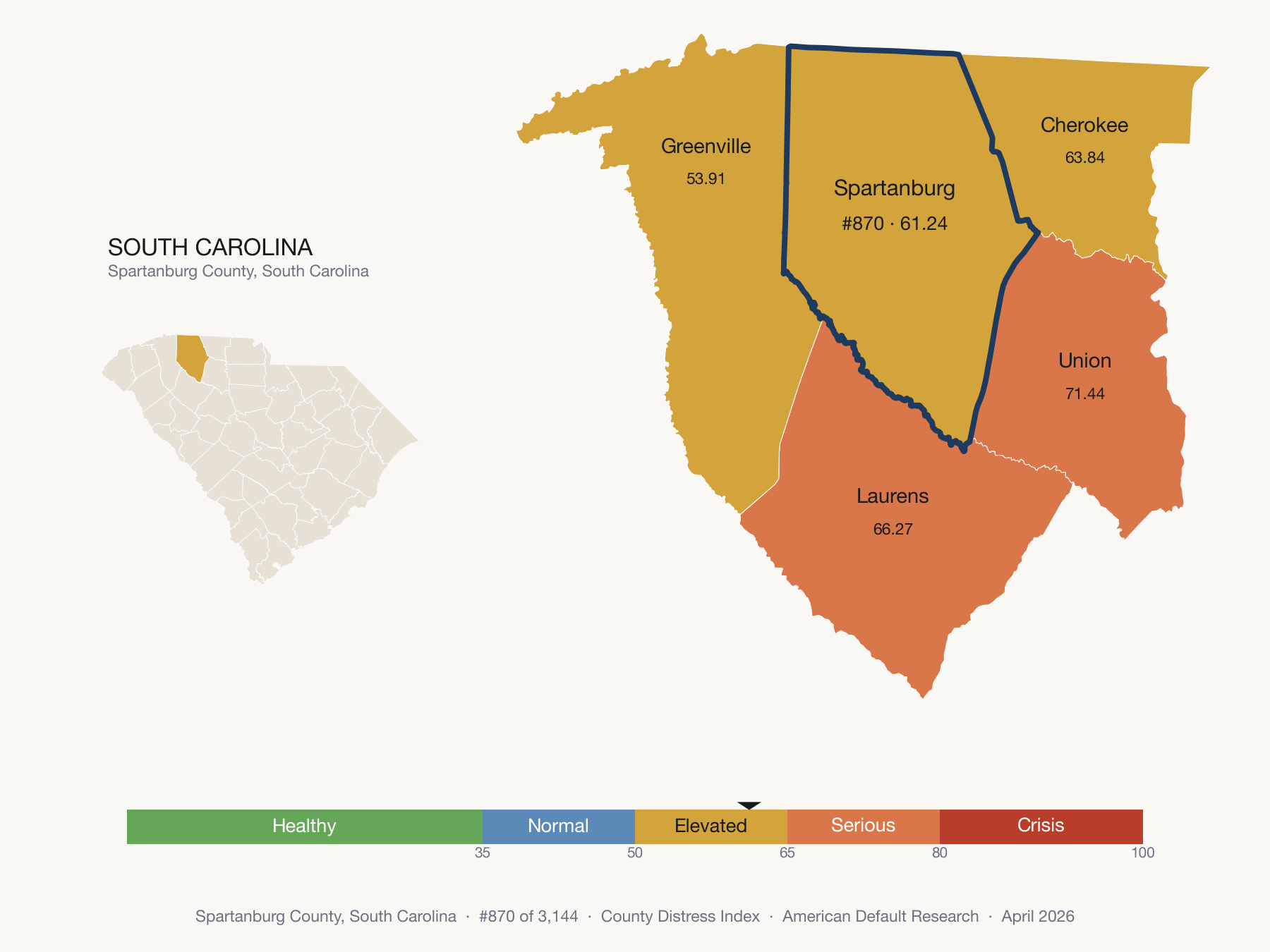County Distress Index cluster map. Spartanburg County, South Carolina and its neighbors colored by distress fifth.