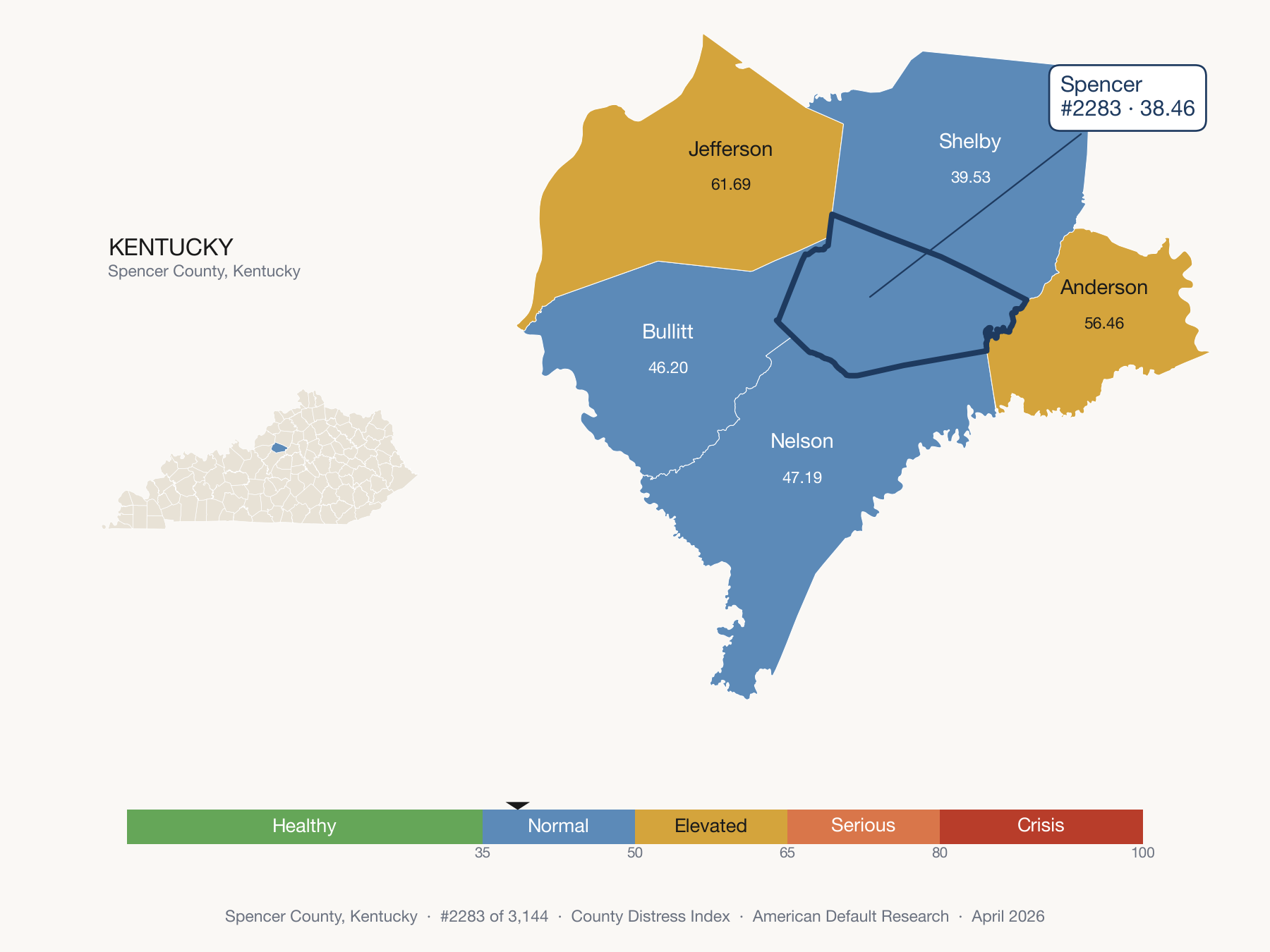 County Distress Index cluster map. Spencer County, Kentucky and its neighbors colored by distress fifth.